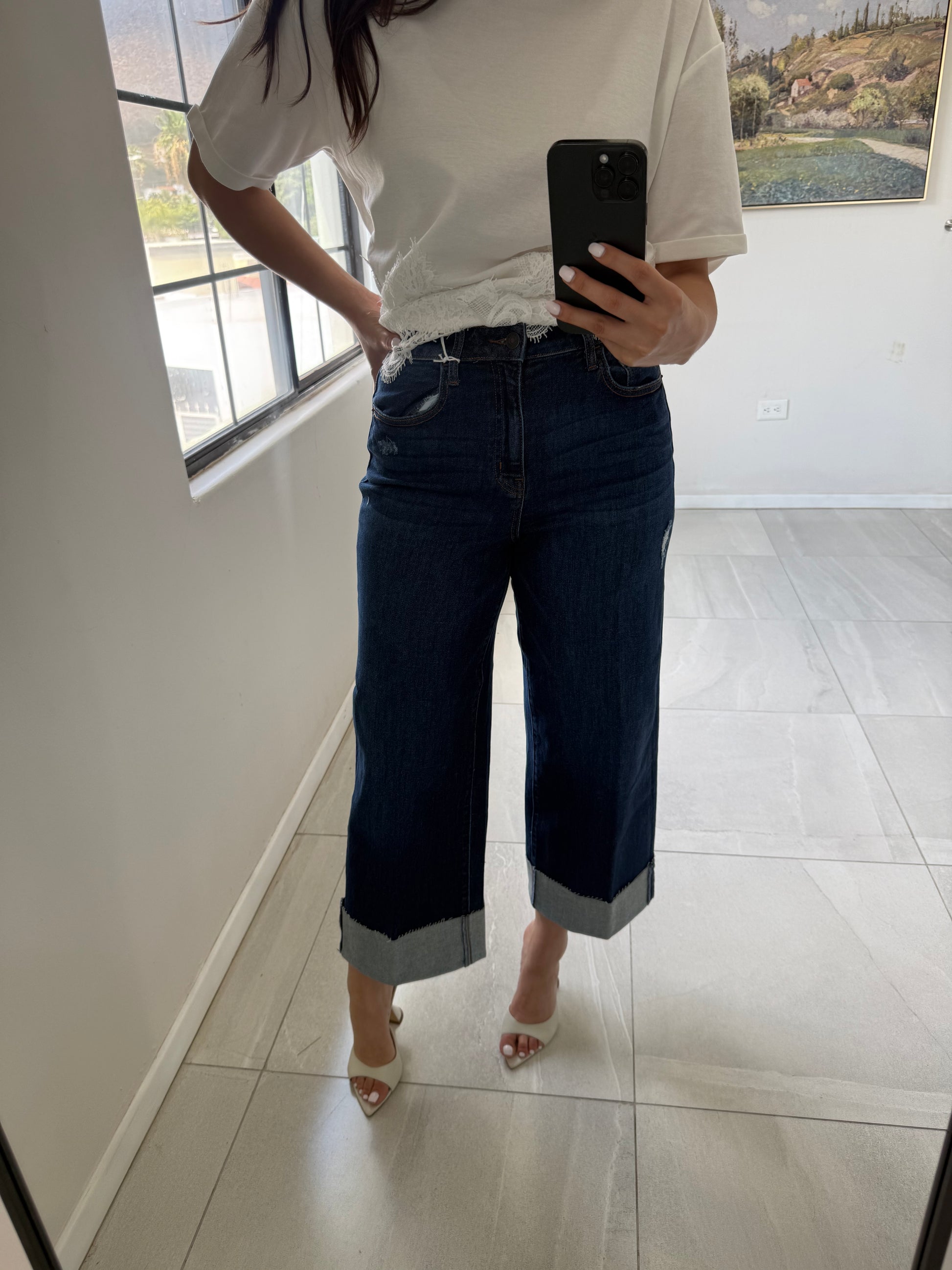 Midnight Wide Leg Cuffed Jeans