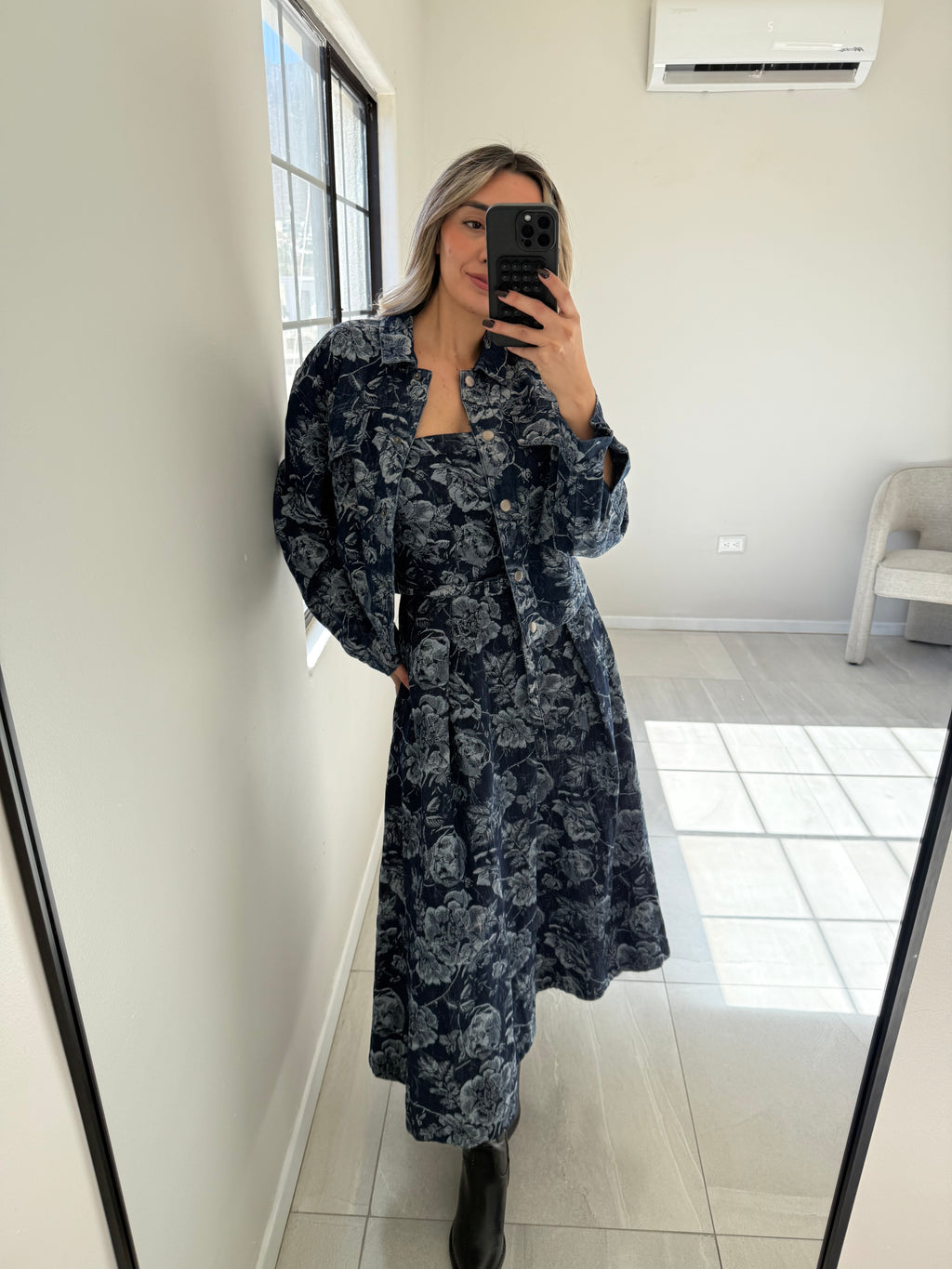 Flowers Denim Midi Dress and Jacket