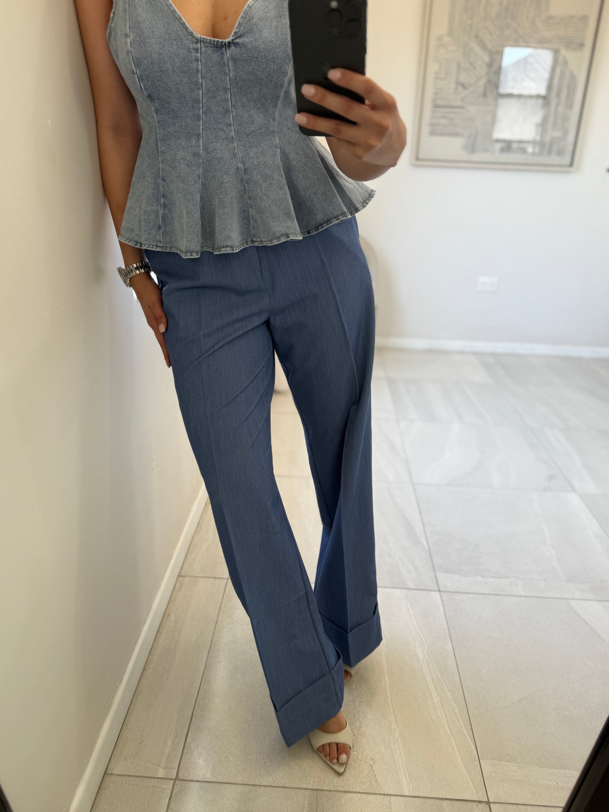 Denim Blue Wide Cuff Straight Pants
