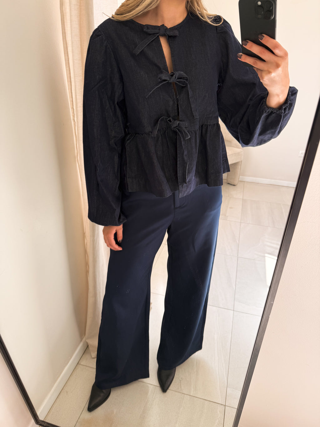 Long Sleeve Dark Denim Bow Tie Blouse