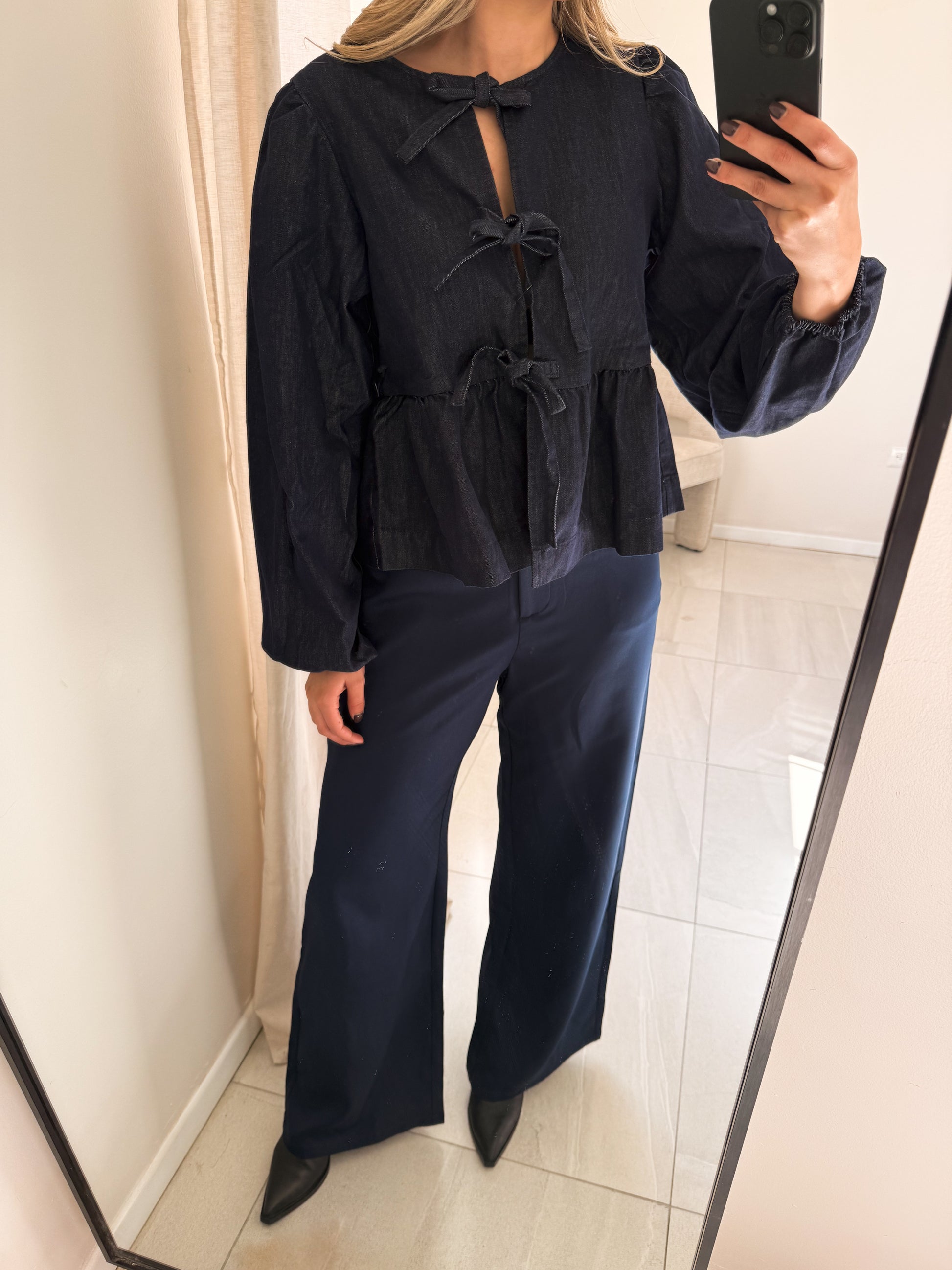 Long Sleeve Dark Denim Bow Tie Blouse