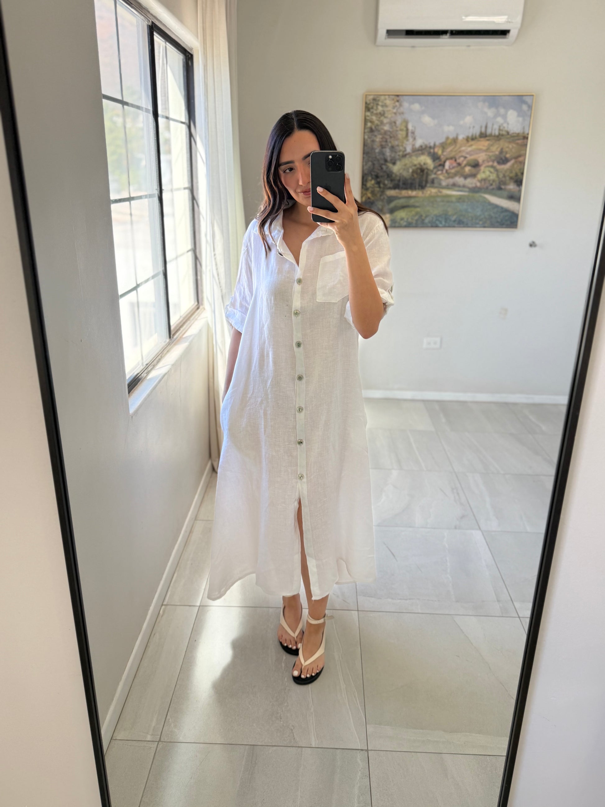 White Roll Up Maxi Linen Dress