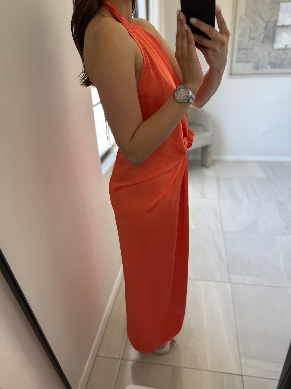 Orange Knotted Midi Halter Dress