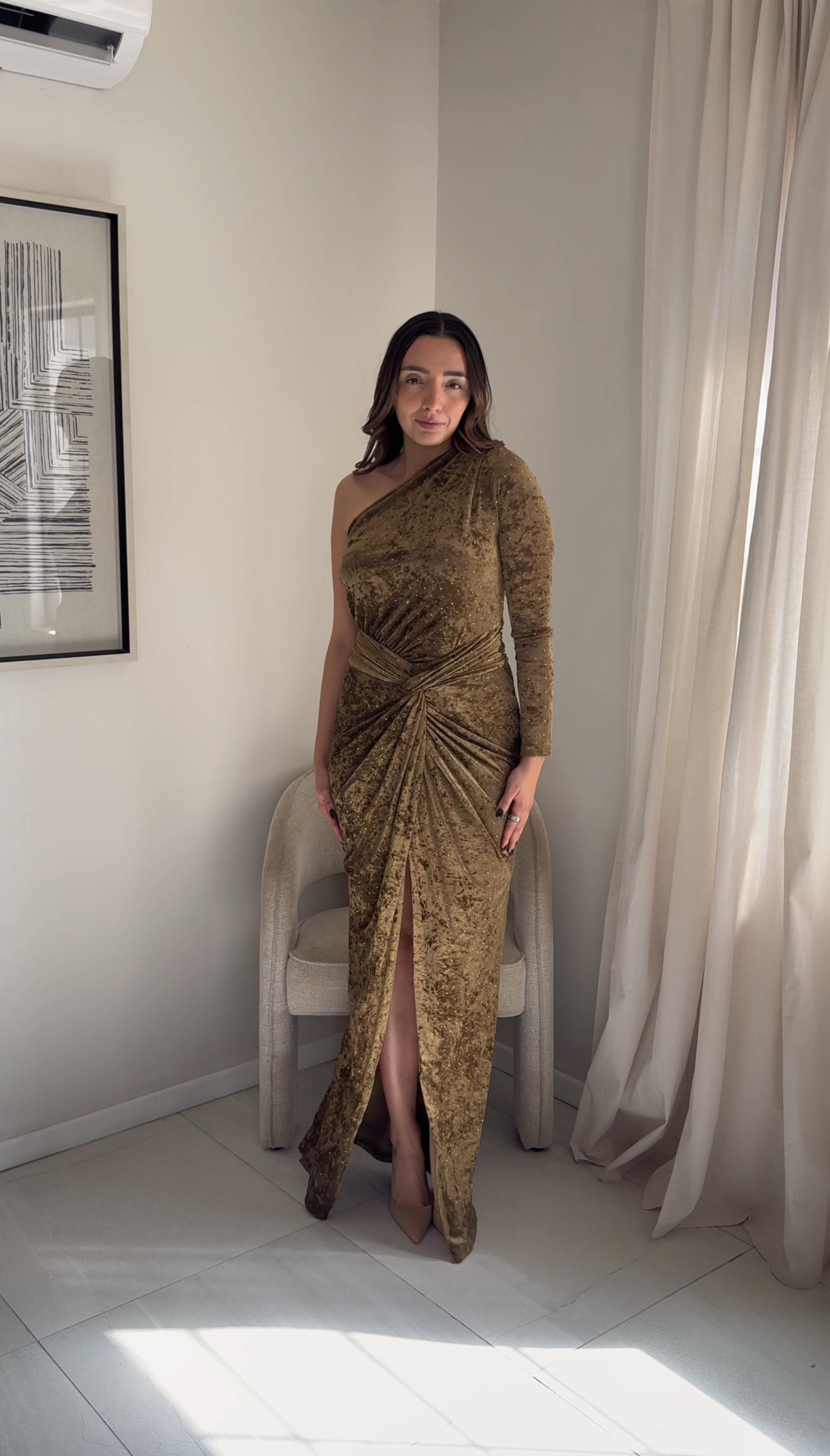 Sage Suede Crystal Maxi Dress