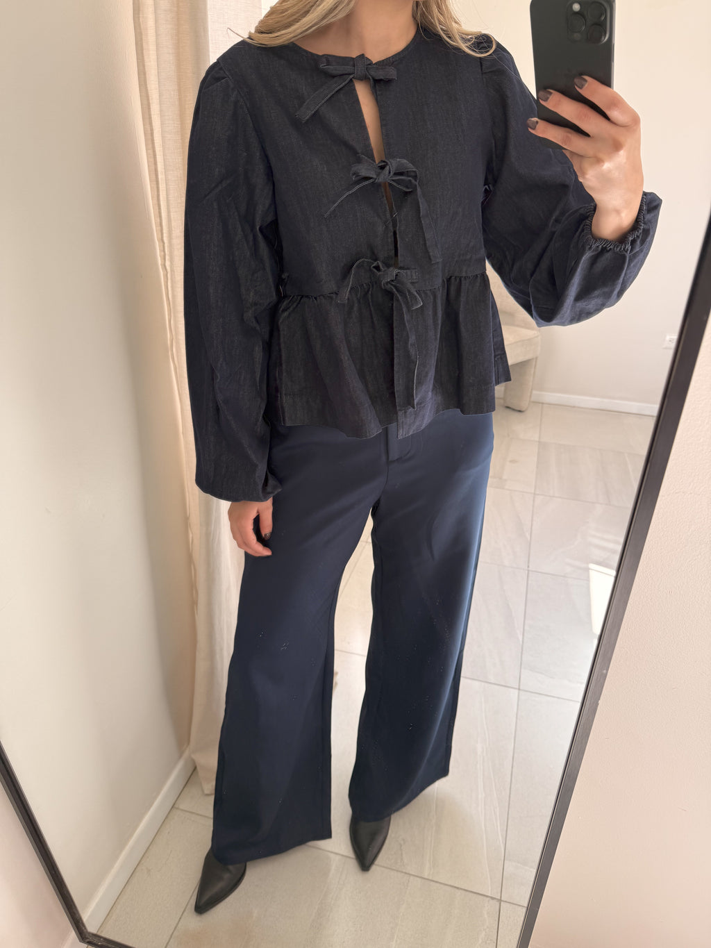 Long Sleeve Dark Denim Bow Tie Blouse