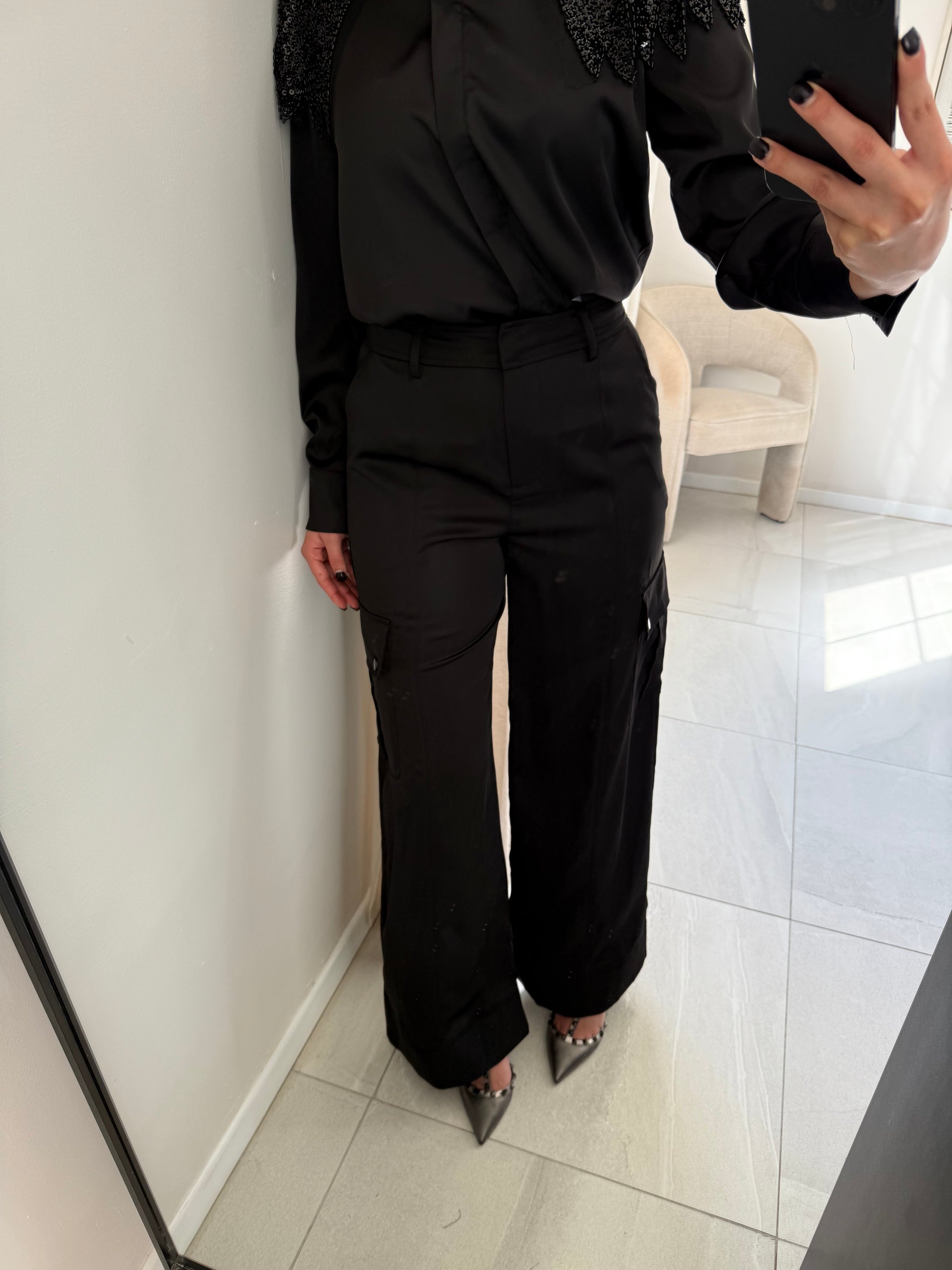 Black Satin Cargo Pants