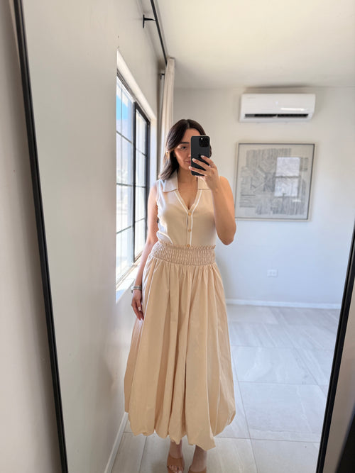 Beige Bubble Hem Midi Skirt