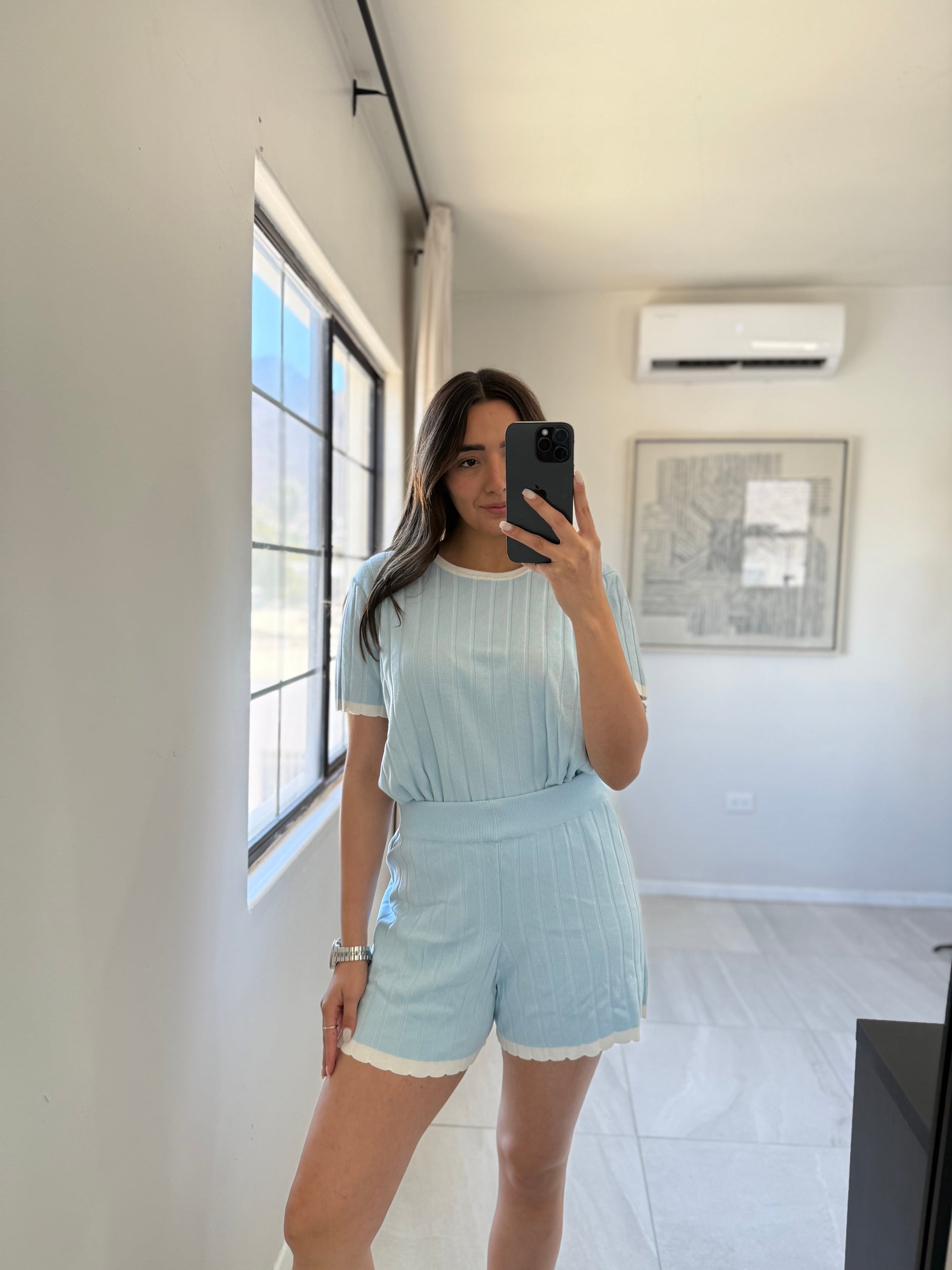 Sweater Short Light Blue /White Set
