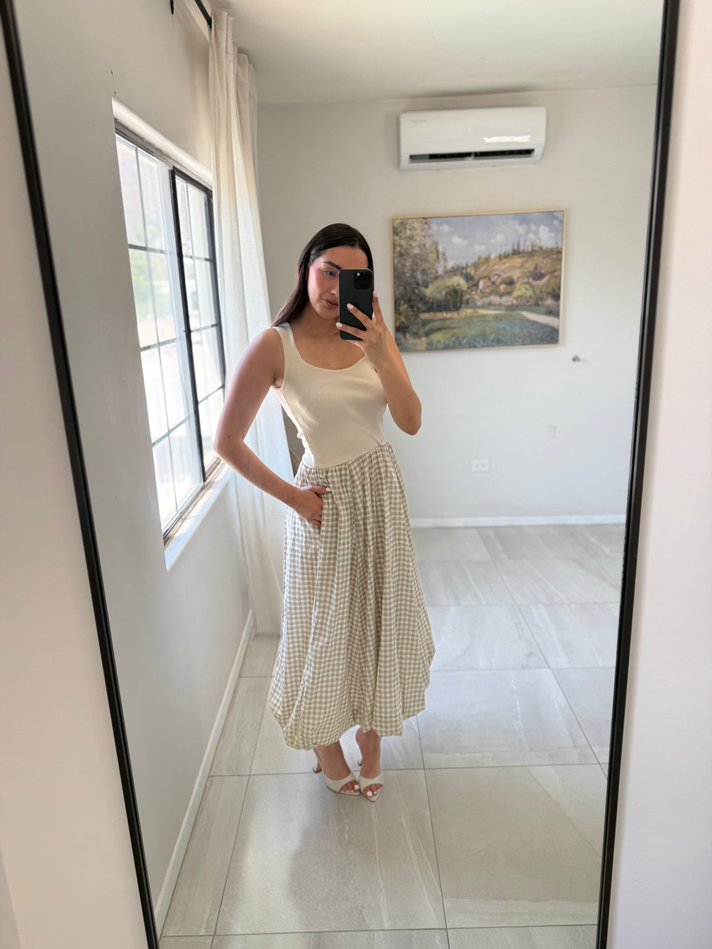 Cream Mixed Skirt Midi Dress
