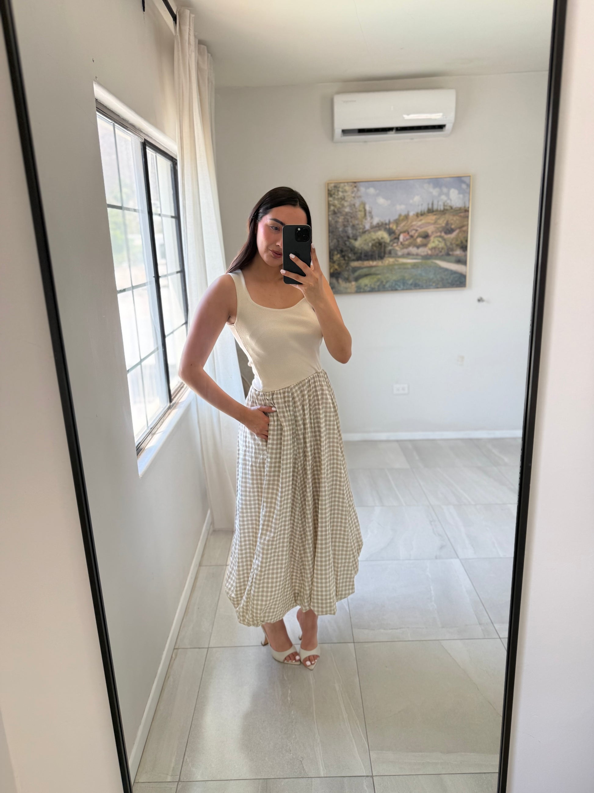 Cream Mixed Skirt Midi Dress