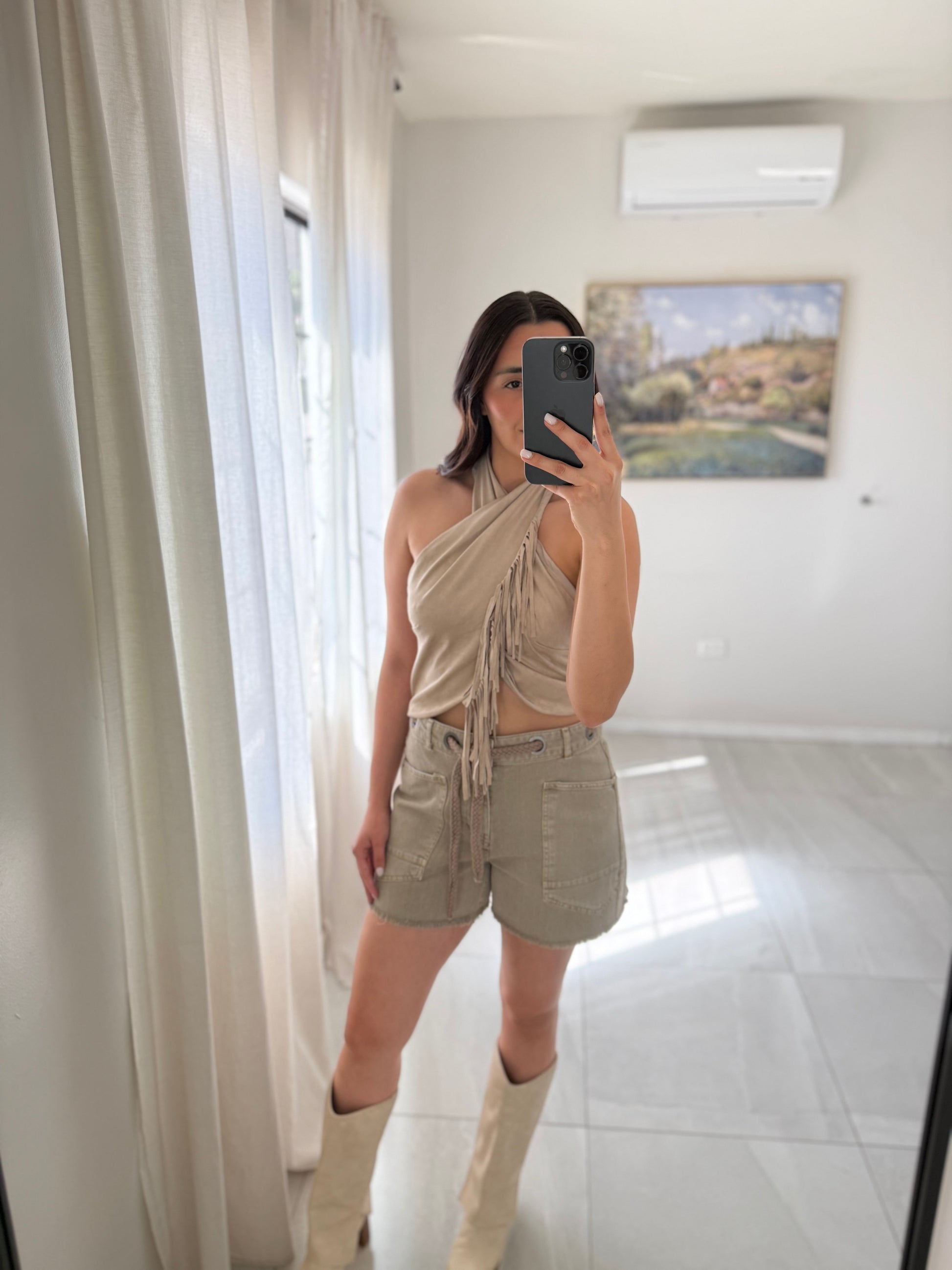 Taupe Halter Tassels Top