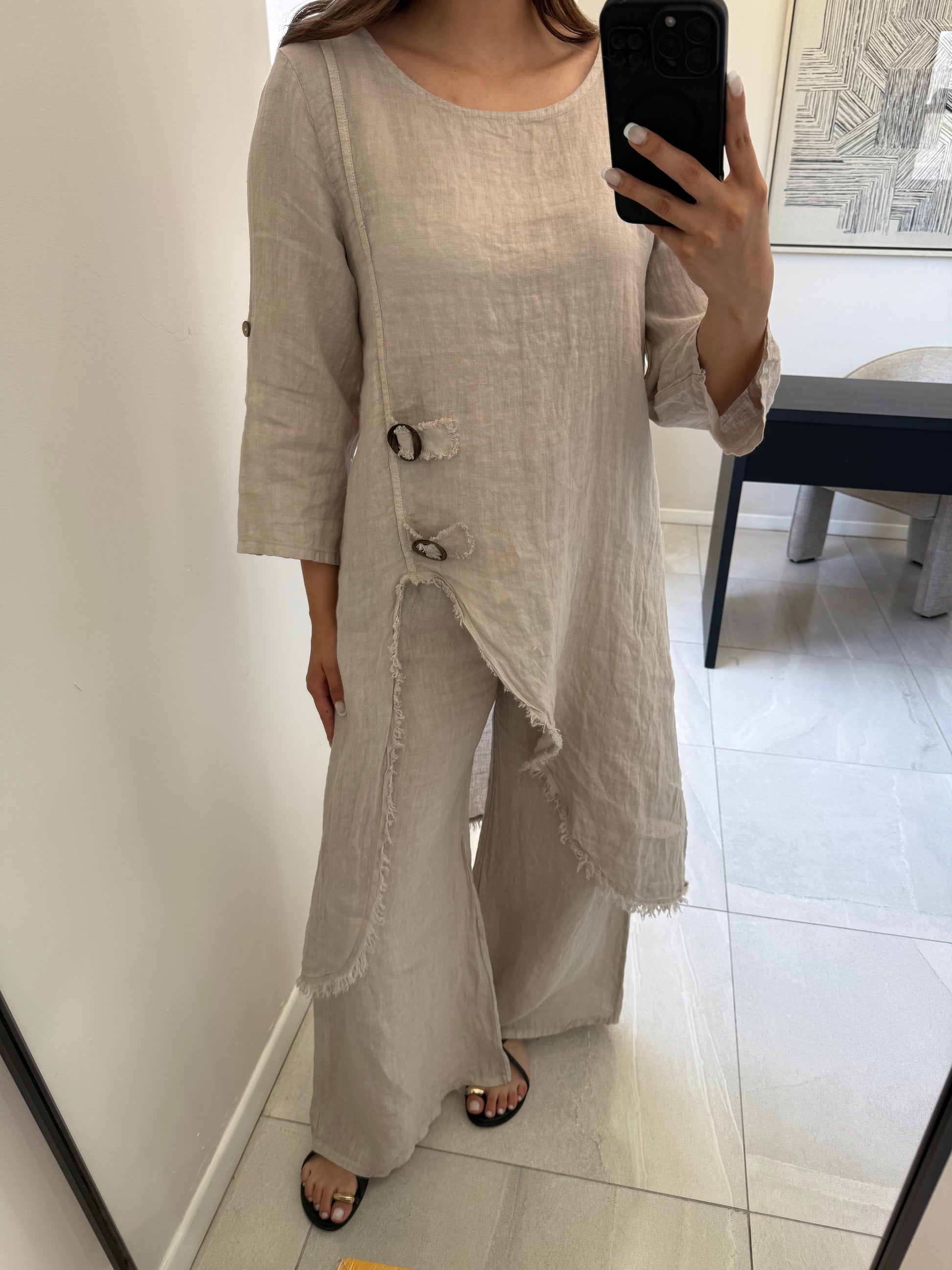 Beige Ring Detail Tunic Set