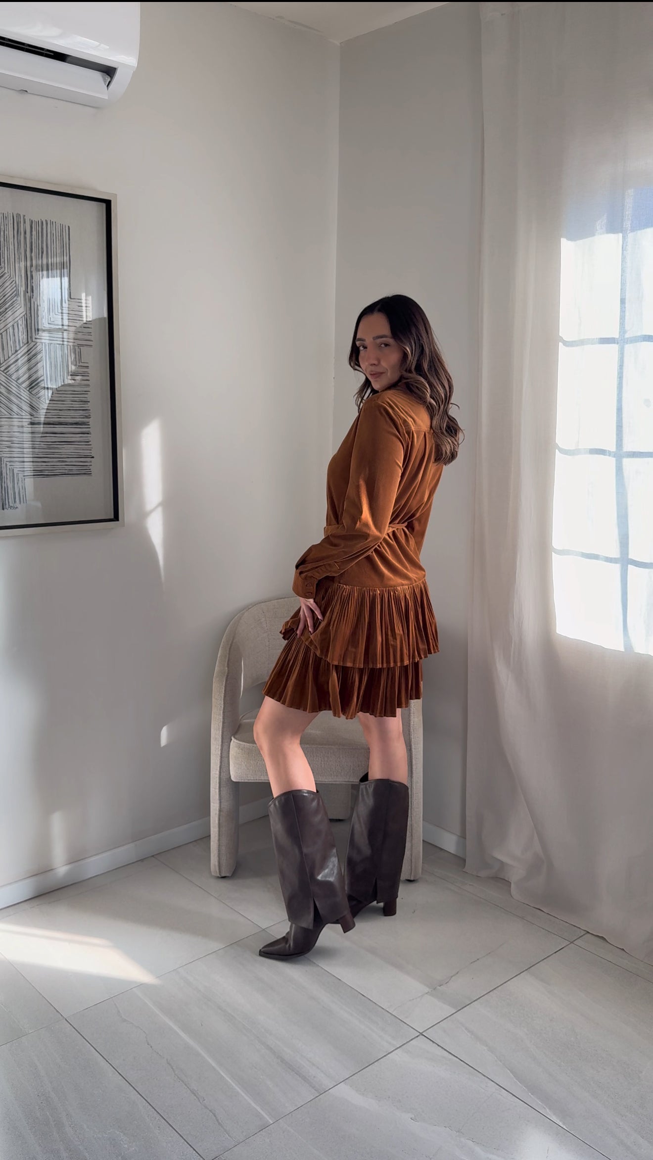 Pleated Suede Brown Dress
