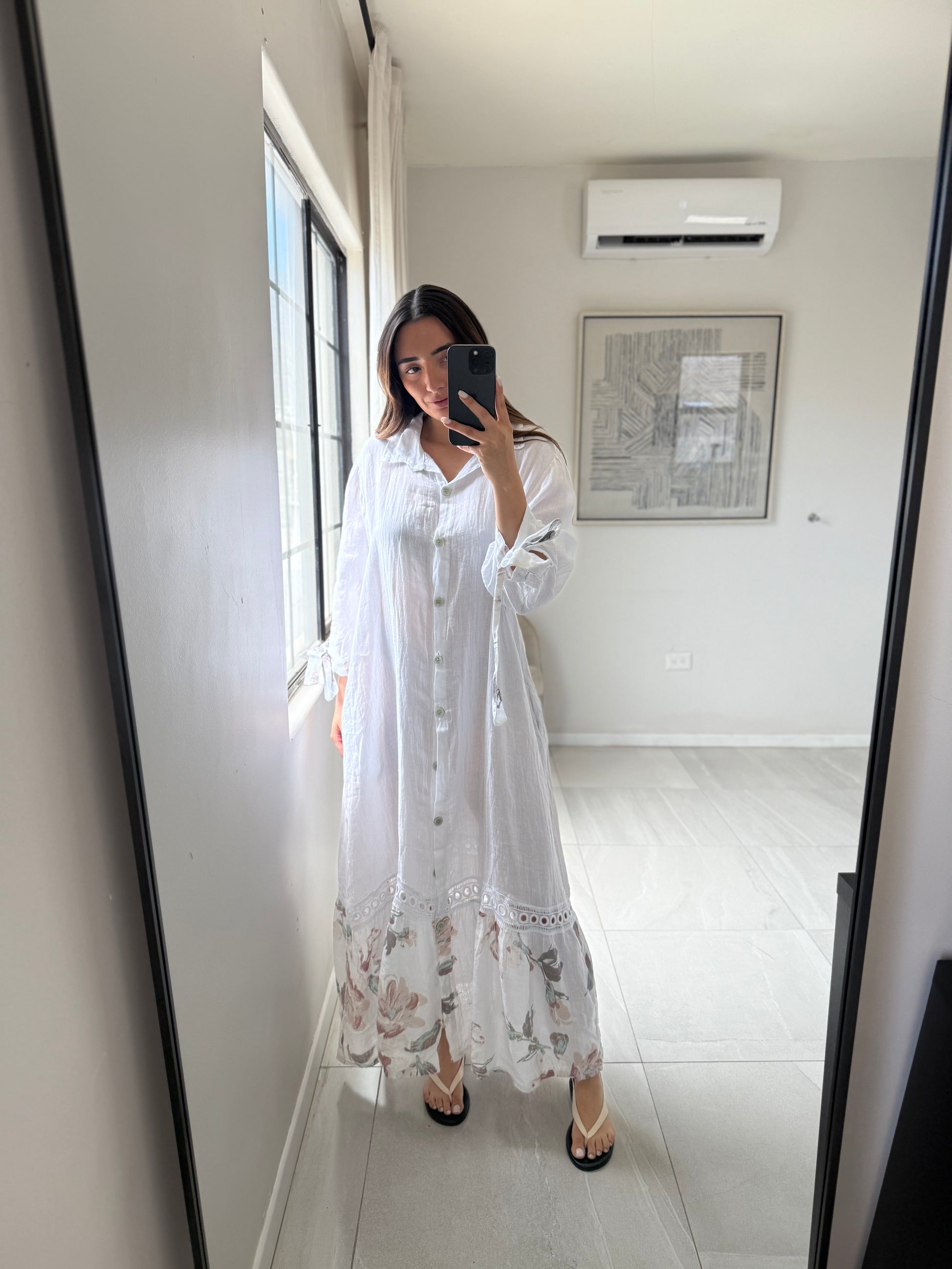 Linen White Dress Floral Print