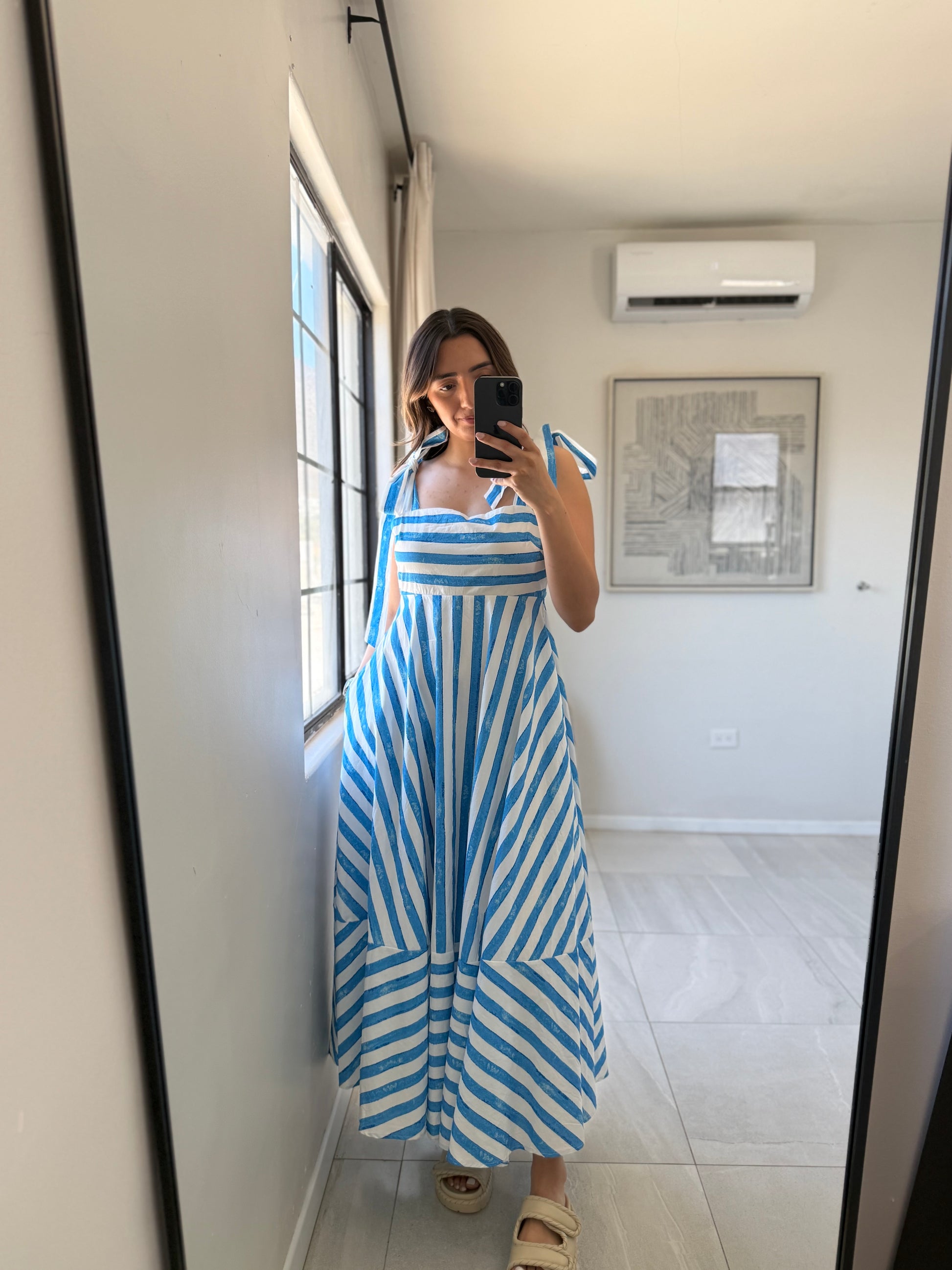 Blue/White Woven Midi Dress