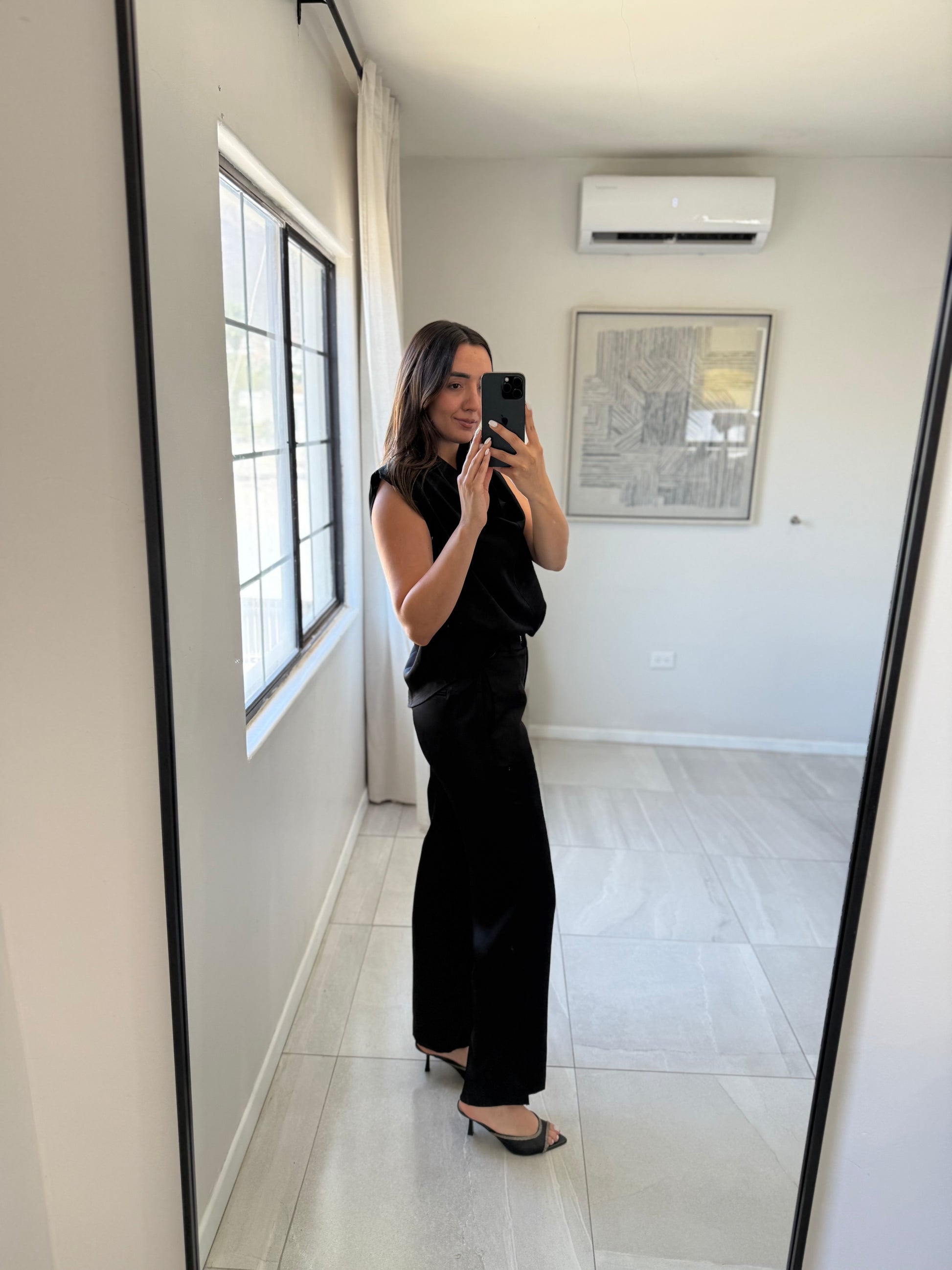 Black Soft Satin Set Straight Leg Trousers