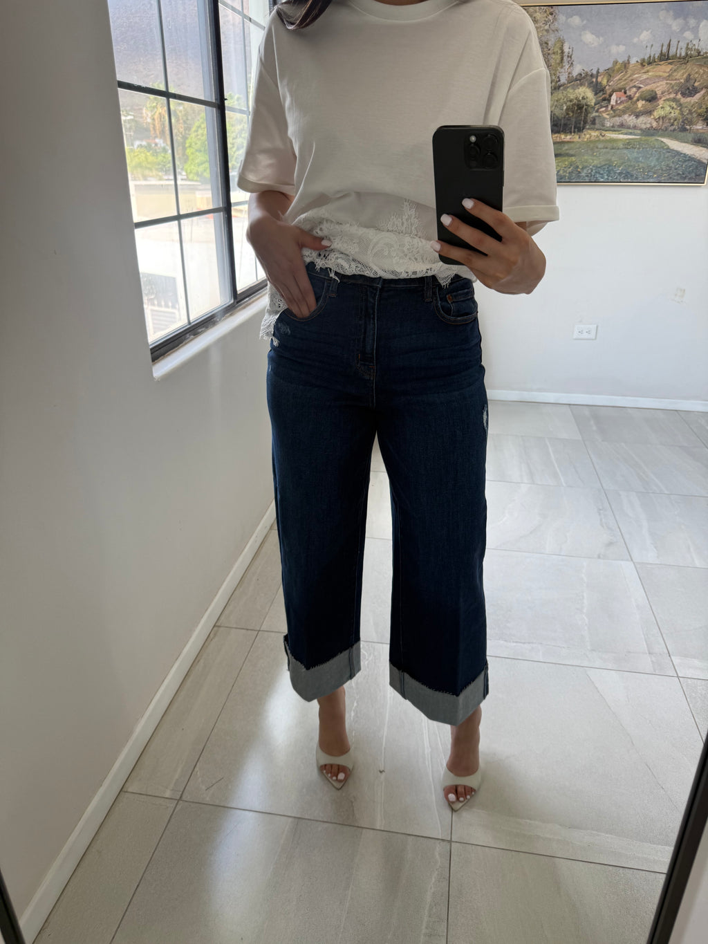Midnight Wide Leg Cuffed Jeans