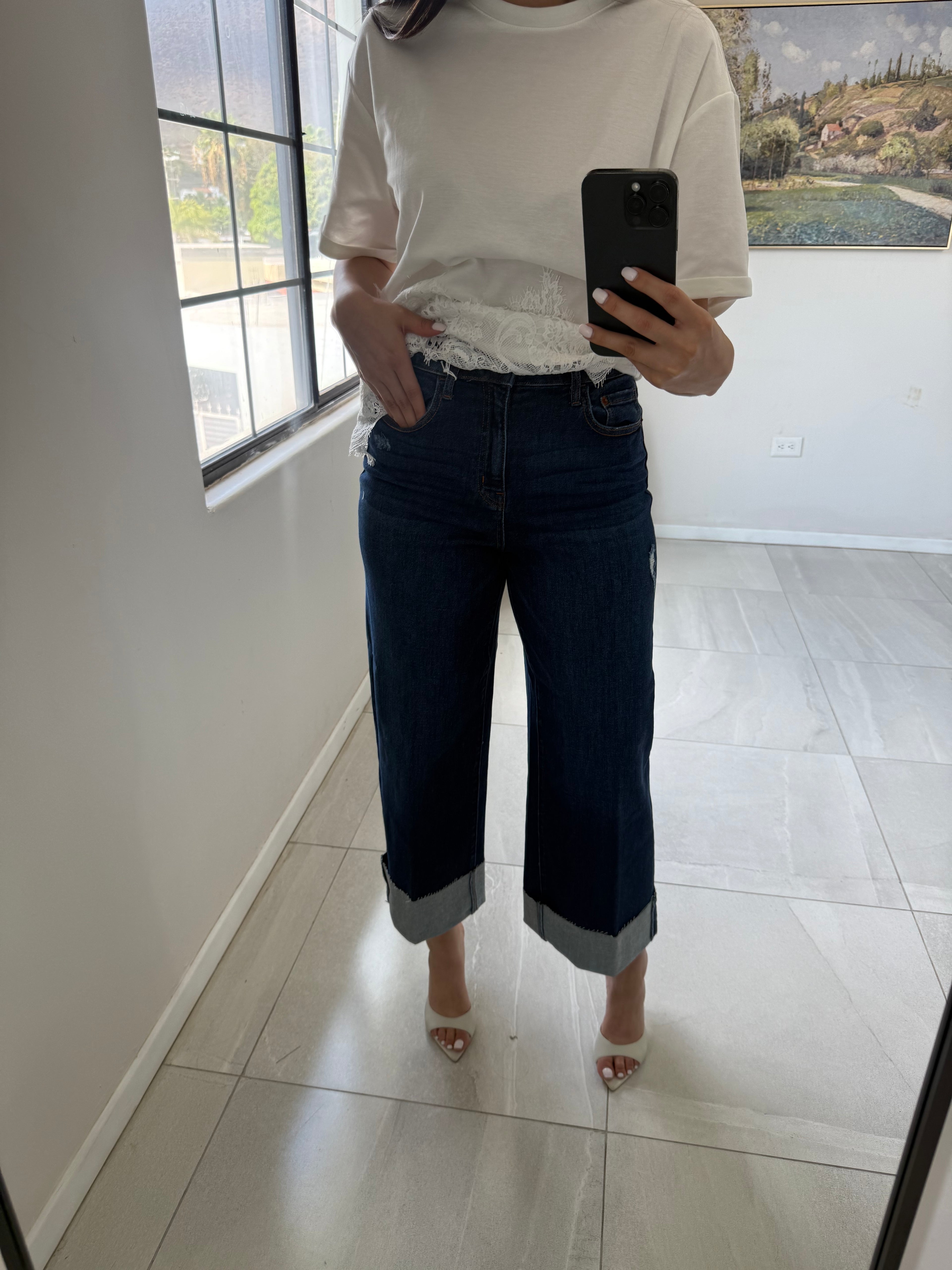 Midnight Wide Leg Cuffed Jeans