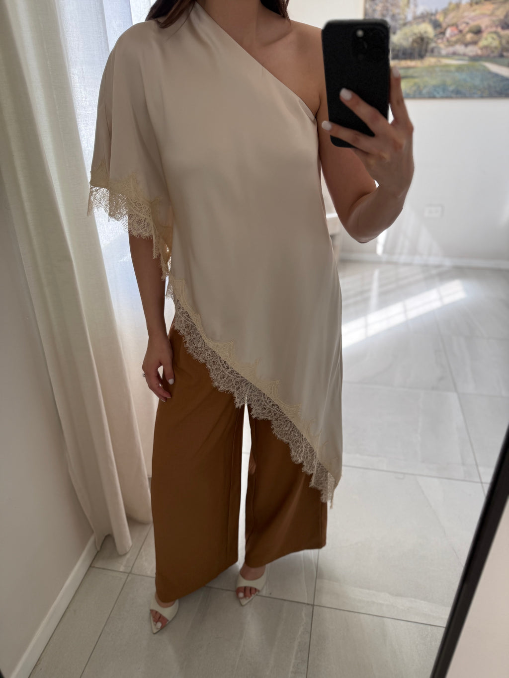 Beige One Shoulder Lace Blouse