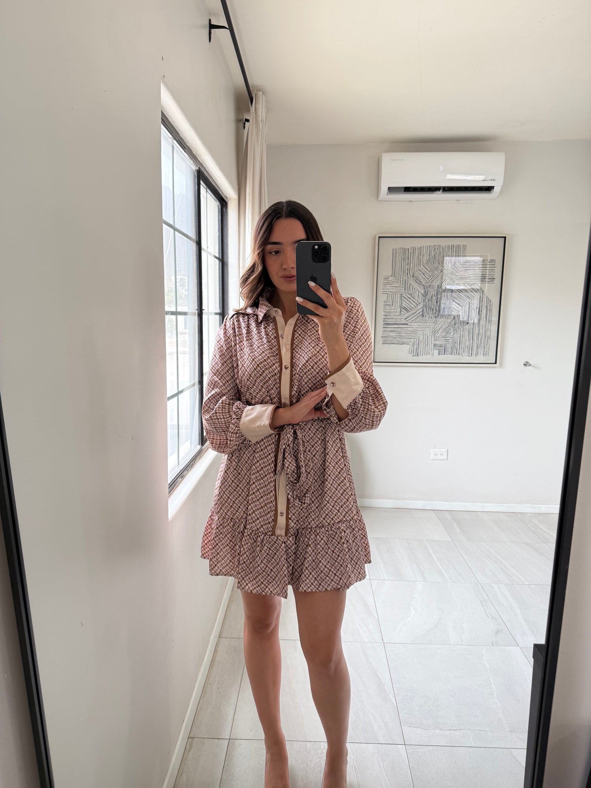 Vestido Satín Geométrico Beige Café