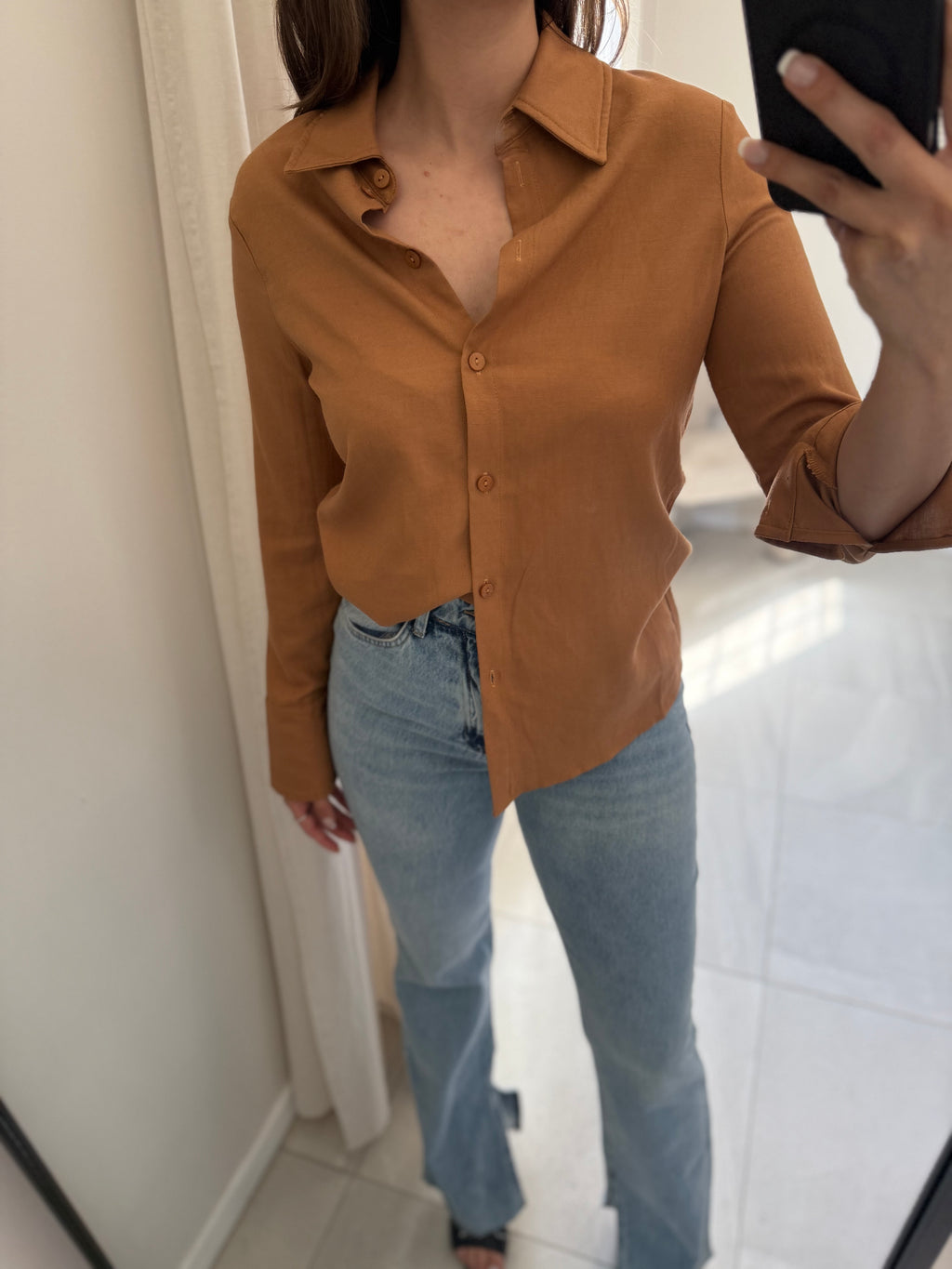 Linen Shirt Brown Blouse