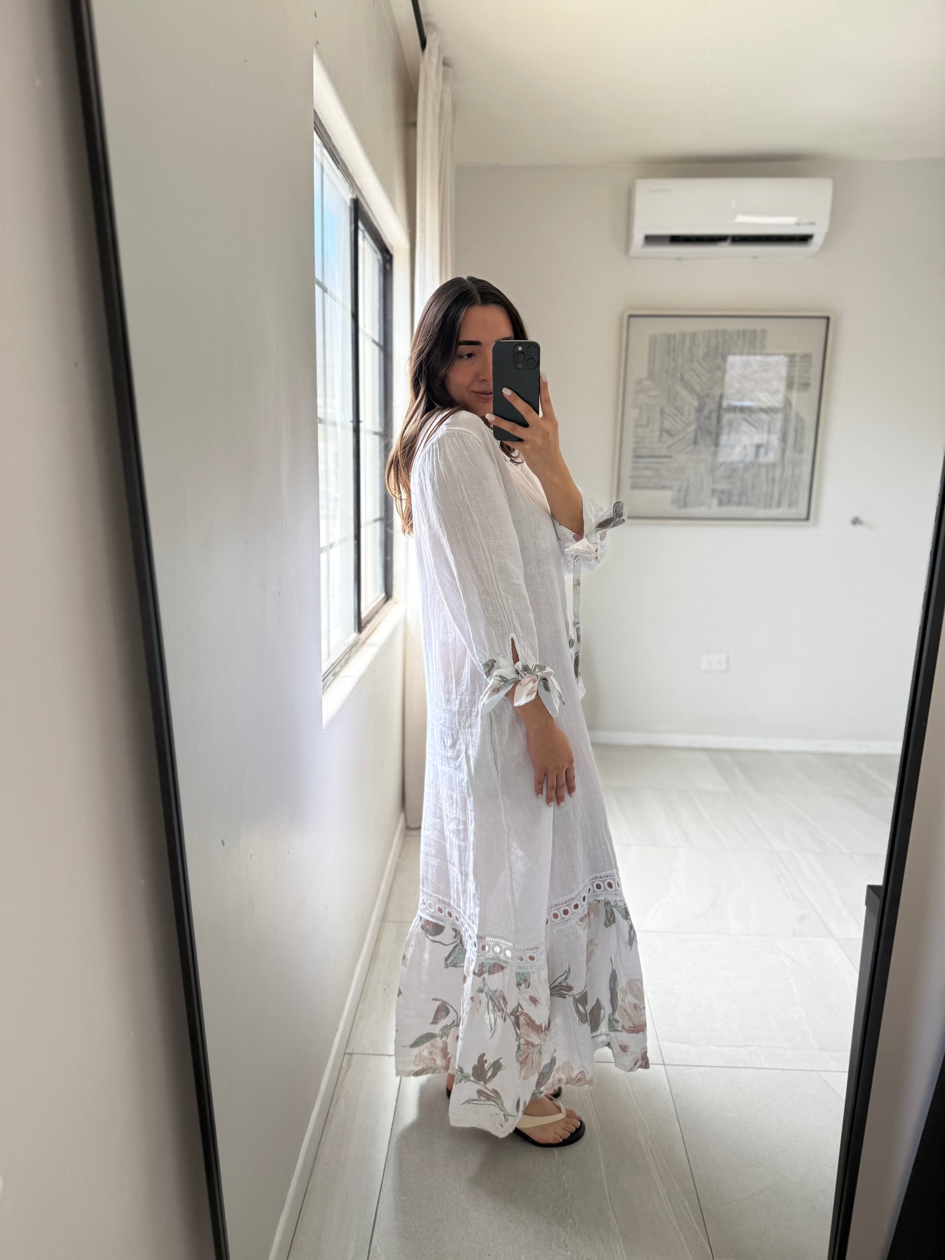 Linen White Dress Floral Print