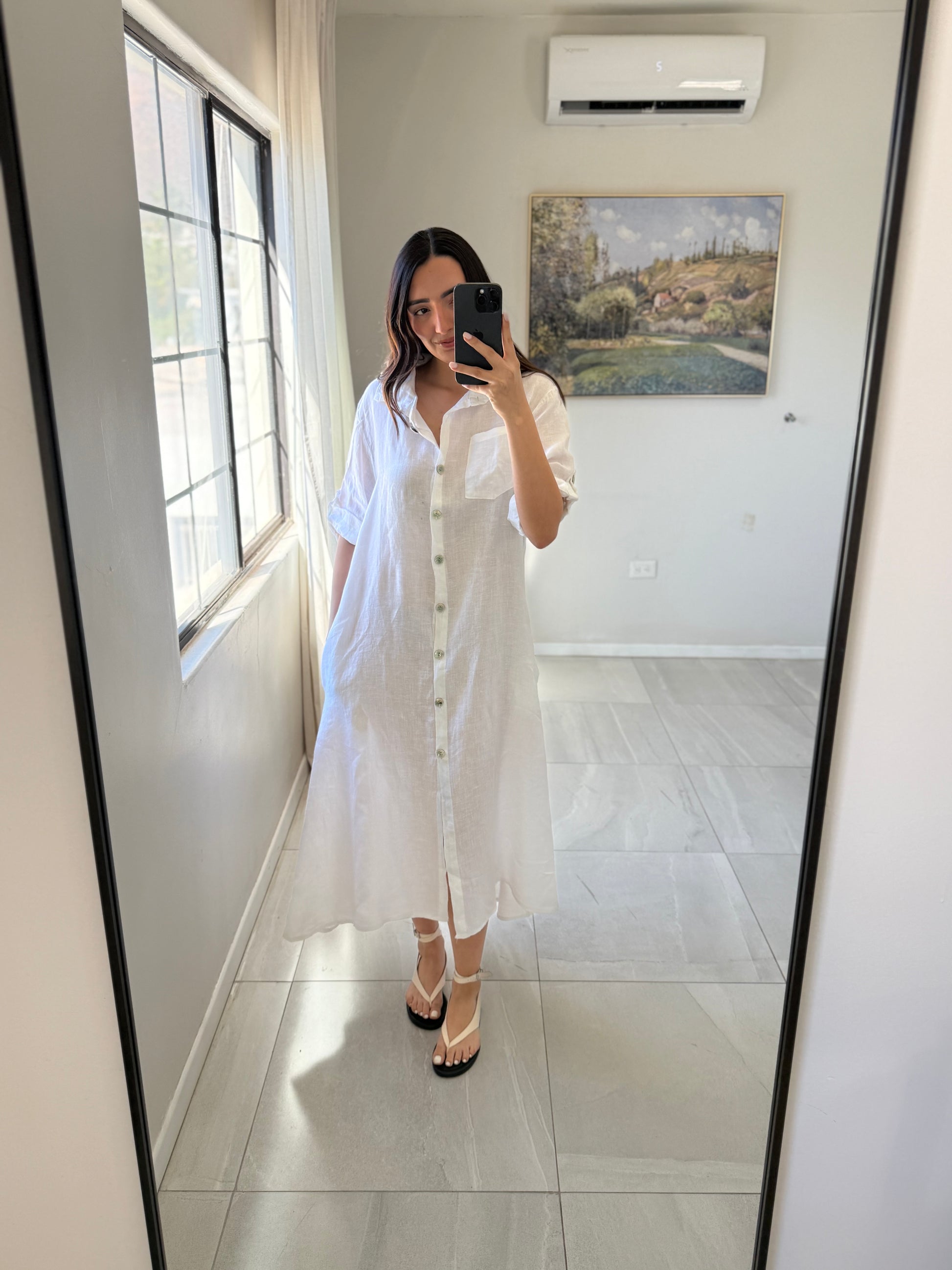 White Roll Up Maxi Linen Dress