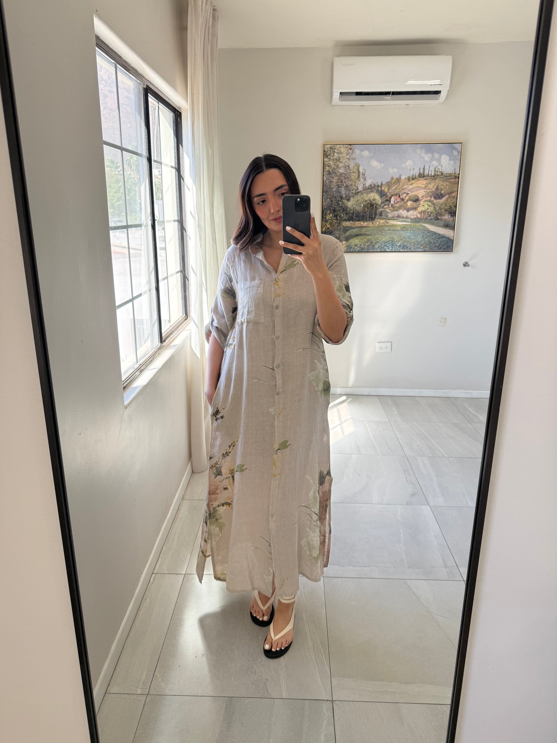 Linen Magnolia Flowers  Maxi Dress (Beige)