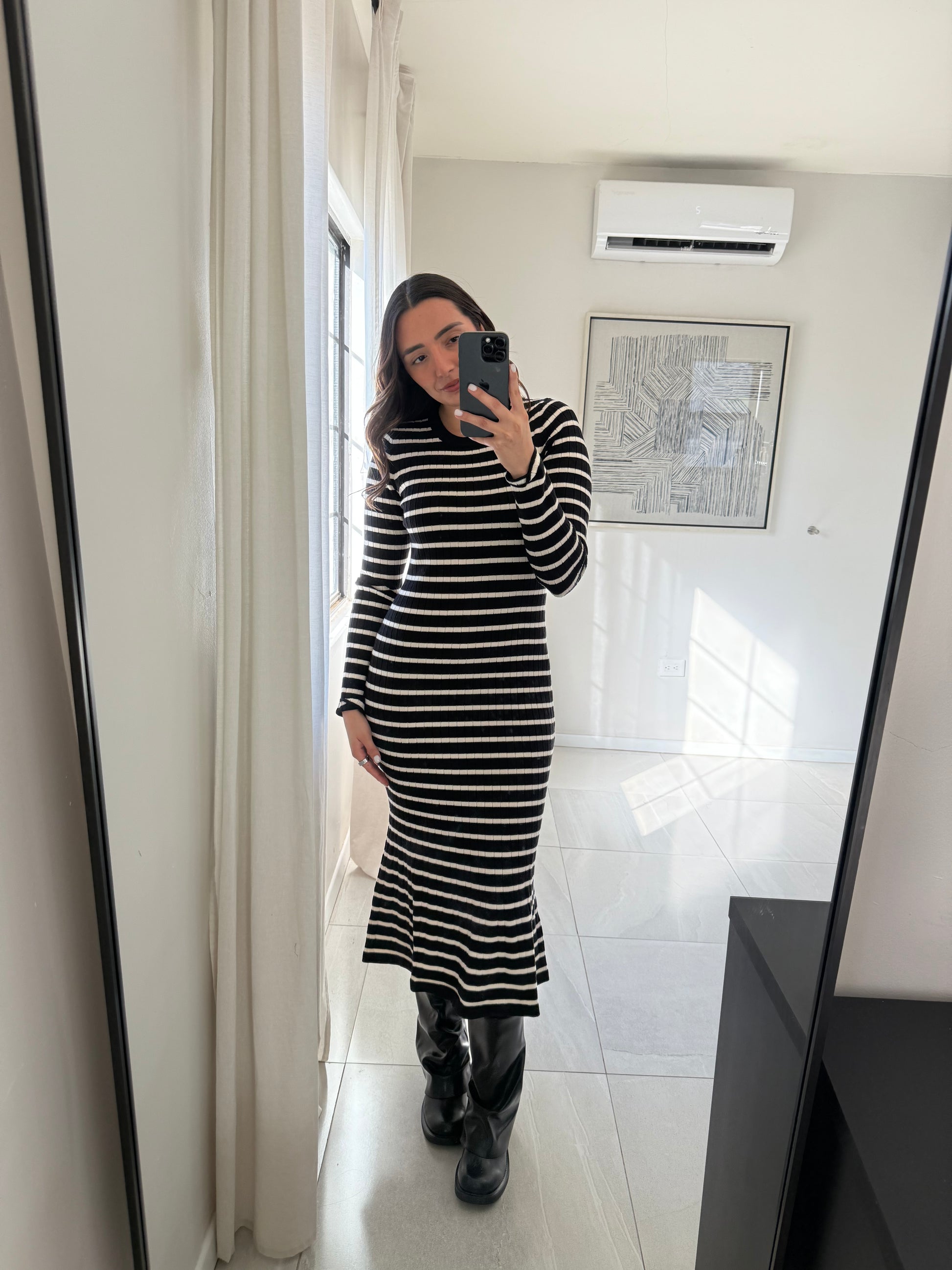 Black Strip Knit Midi Dress