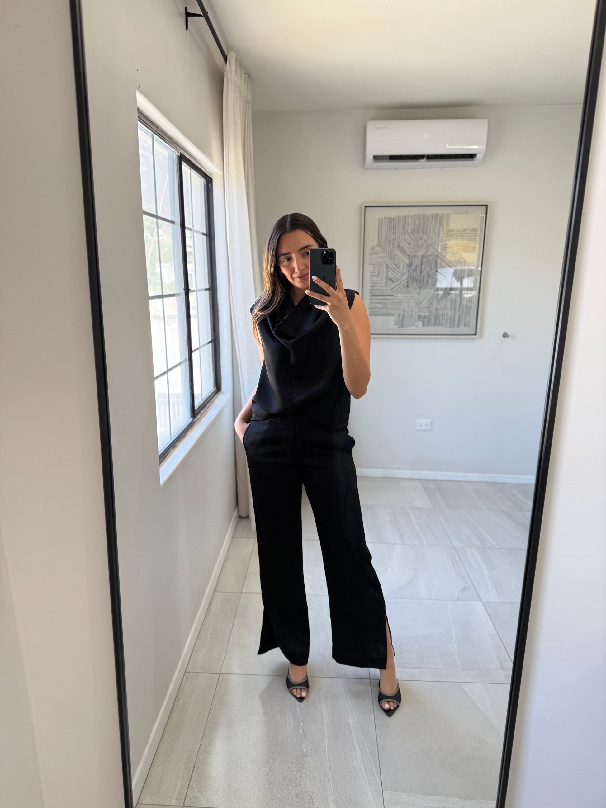 Black Soft Satin Set Straight Leg Trousers