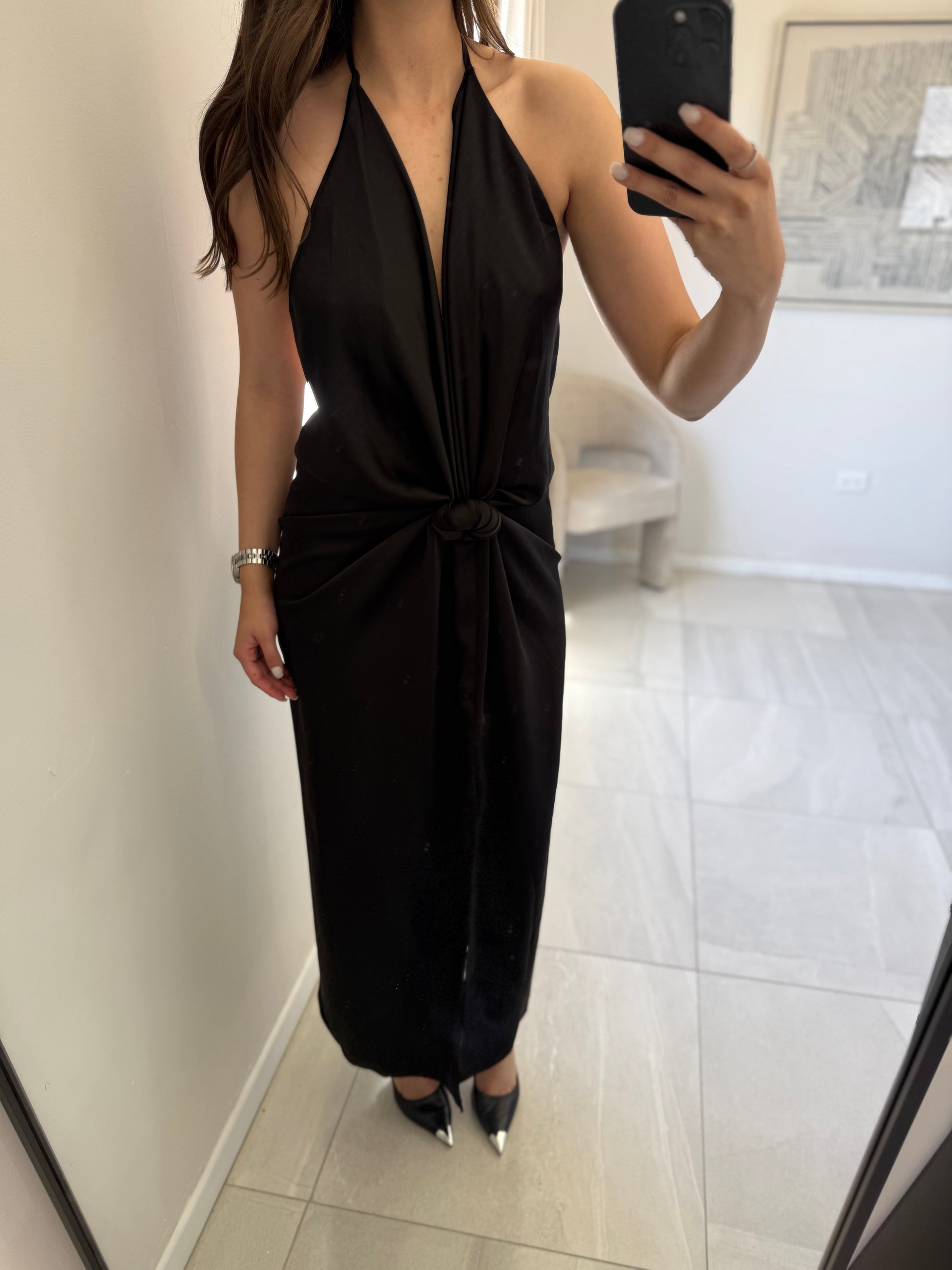 Black Knotted Midi Halter Dress