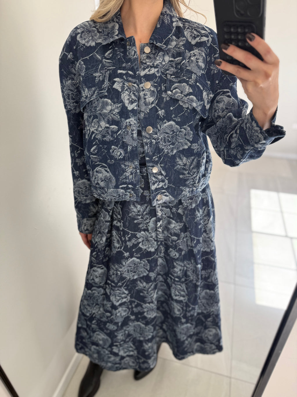 Flowers Denim Midi Dress and Jacket