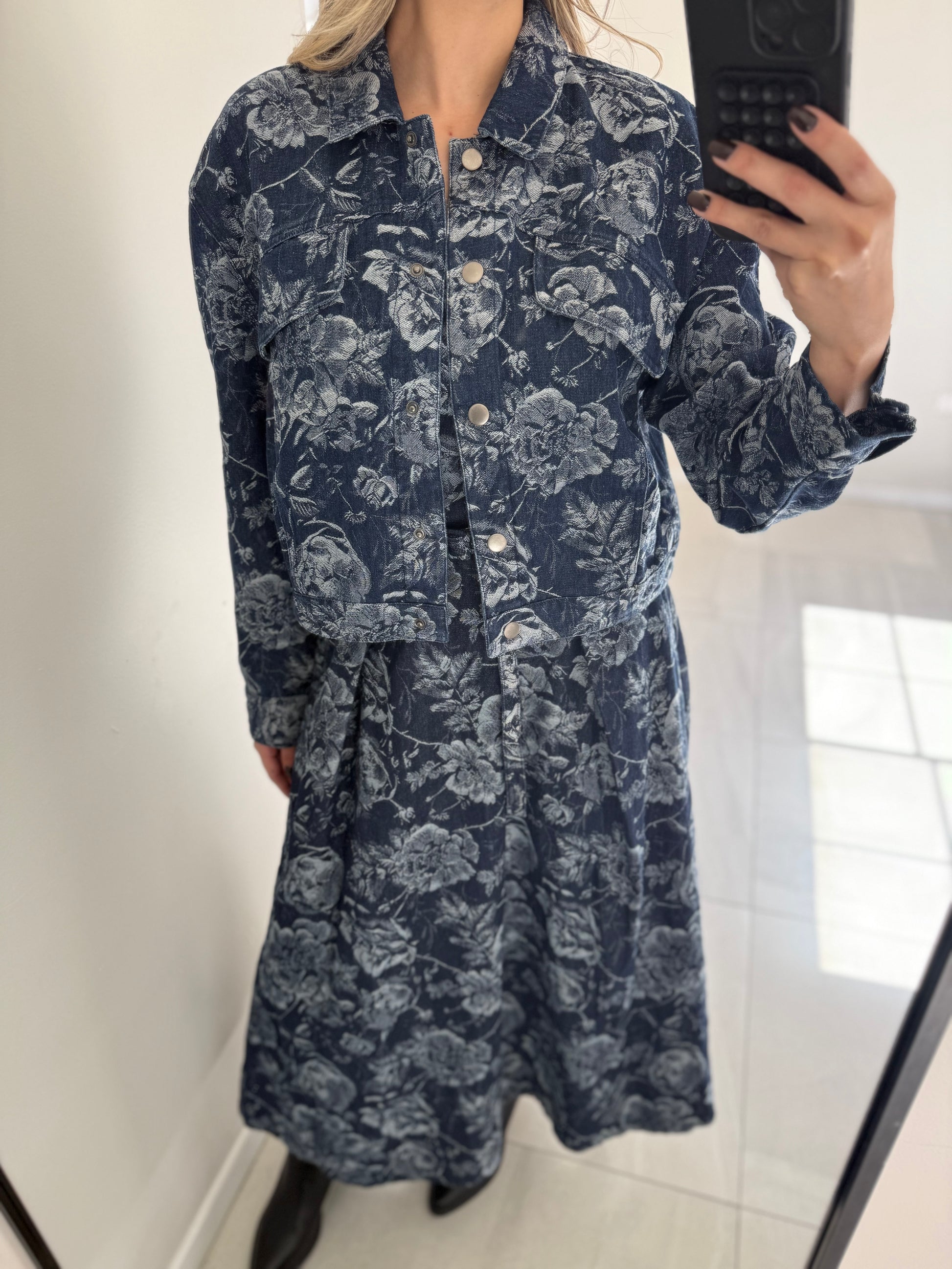 Flowers Denim Midi Dress and Jacket