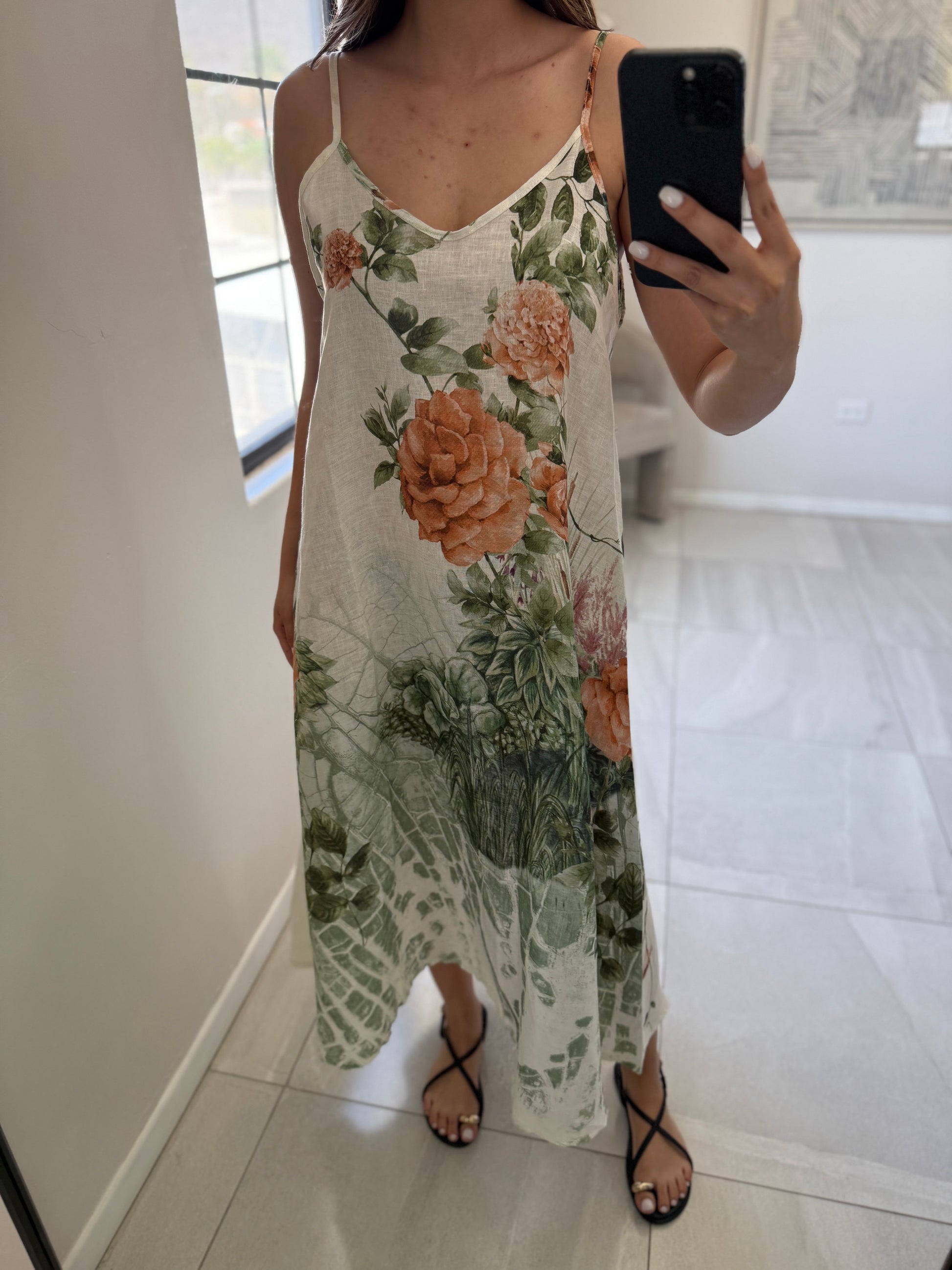 Strap Roses Print Linen Dress