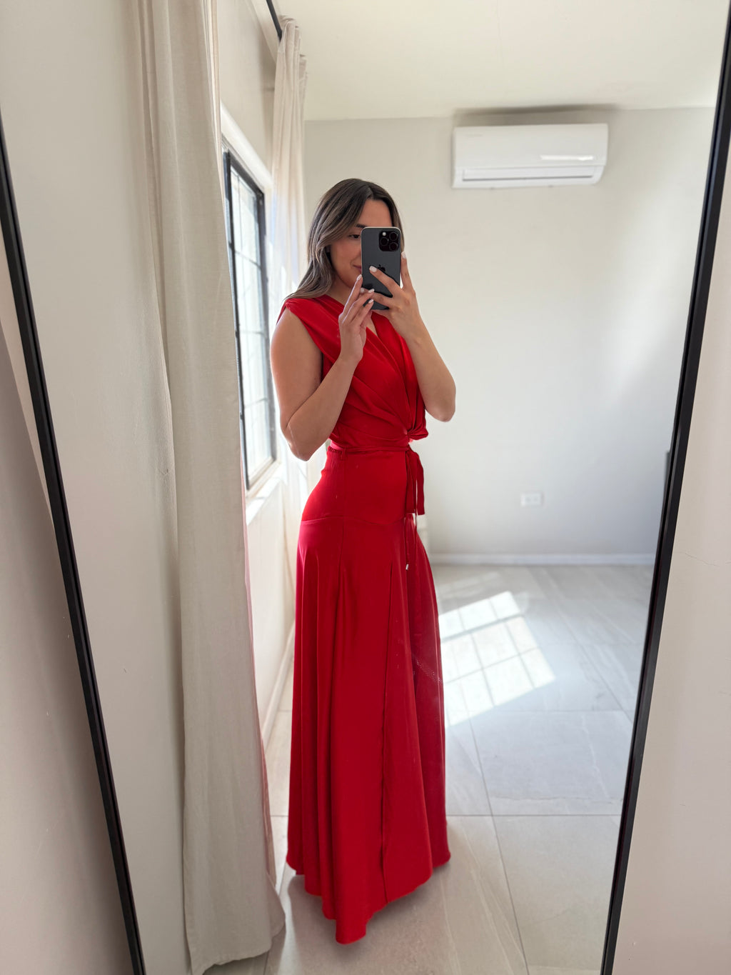Red Satin Pleated Gown