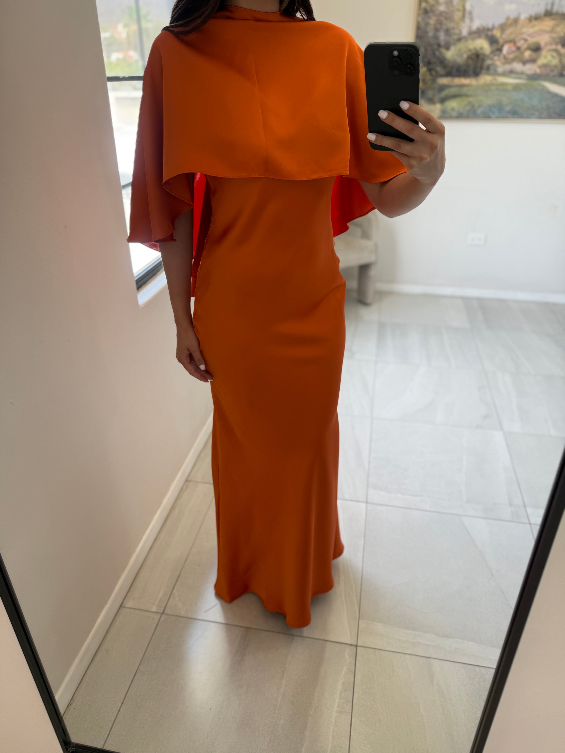 Orange Fluid Cape Maxi Dress