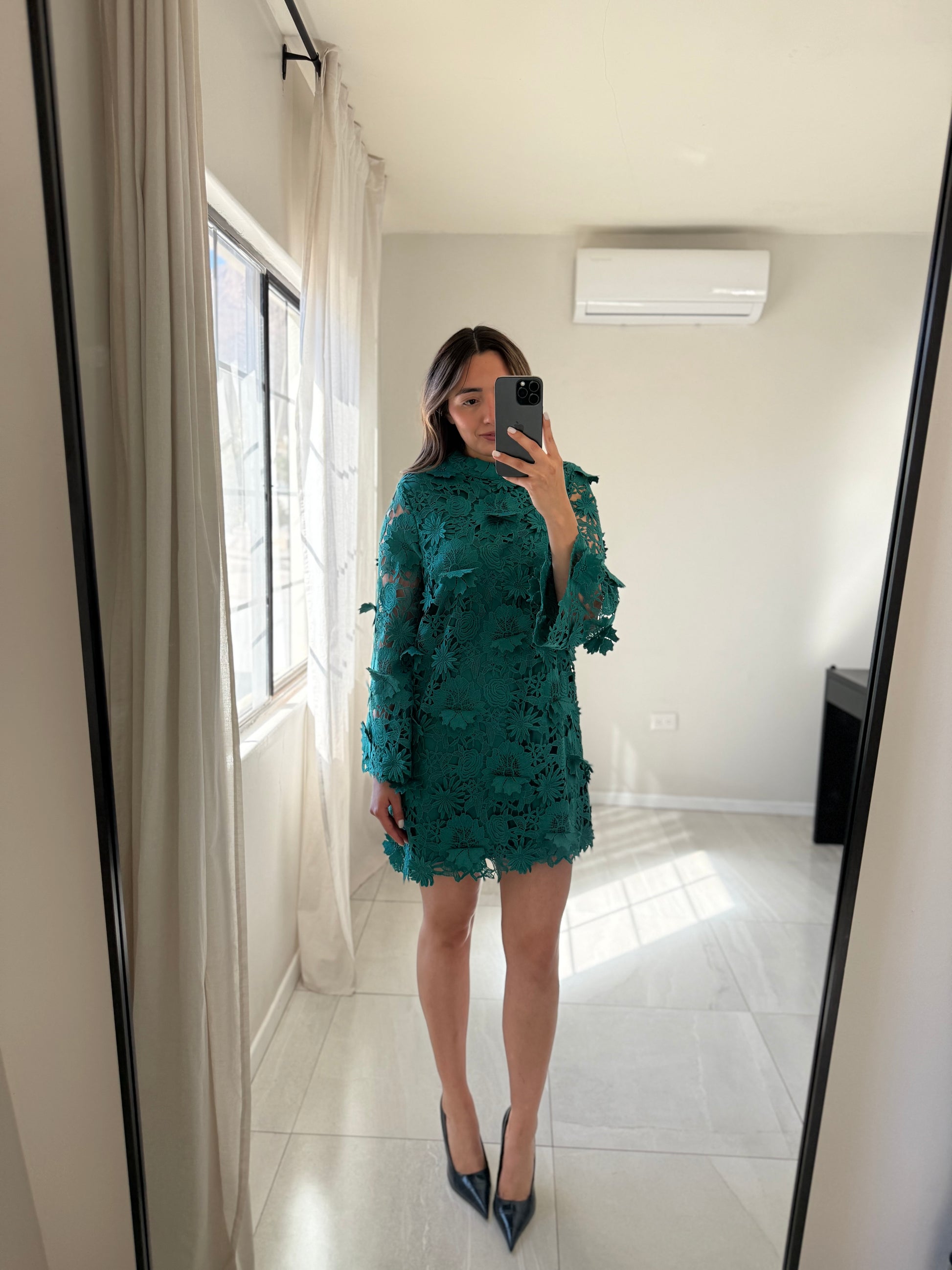 Teal Green Woven Lace Mini Dress
