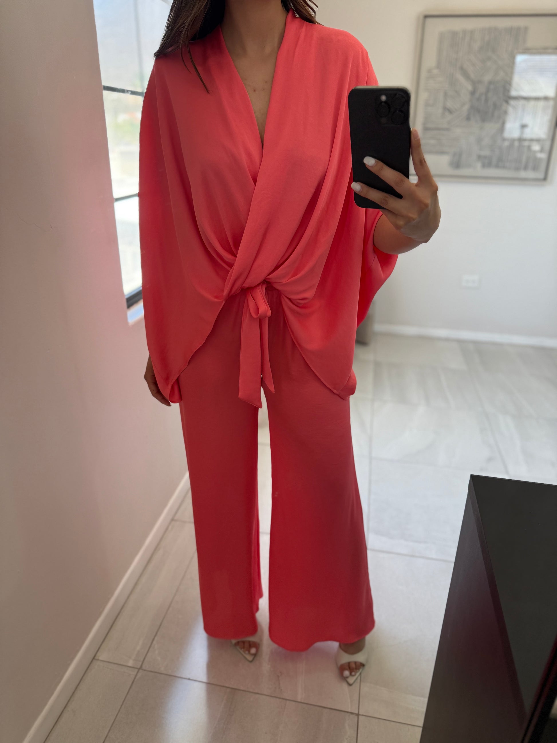 Washed Poly Caftan Set Coral