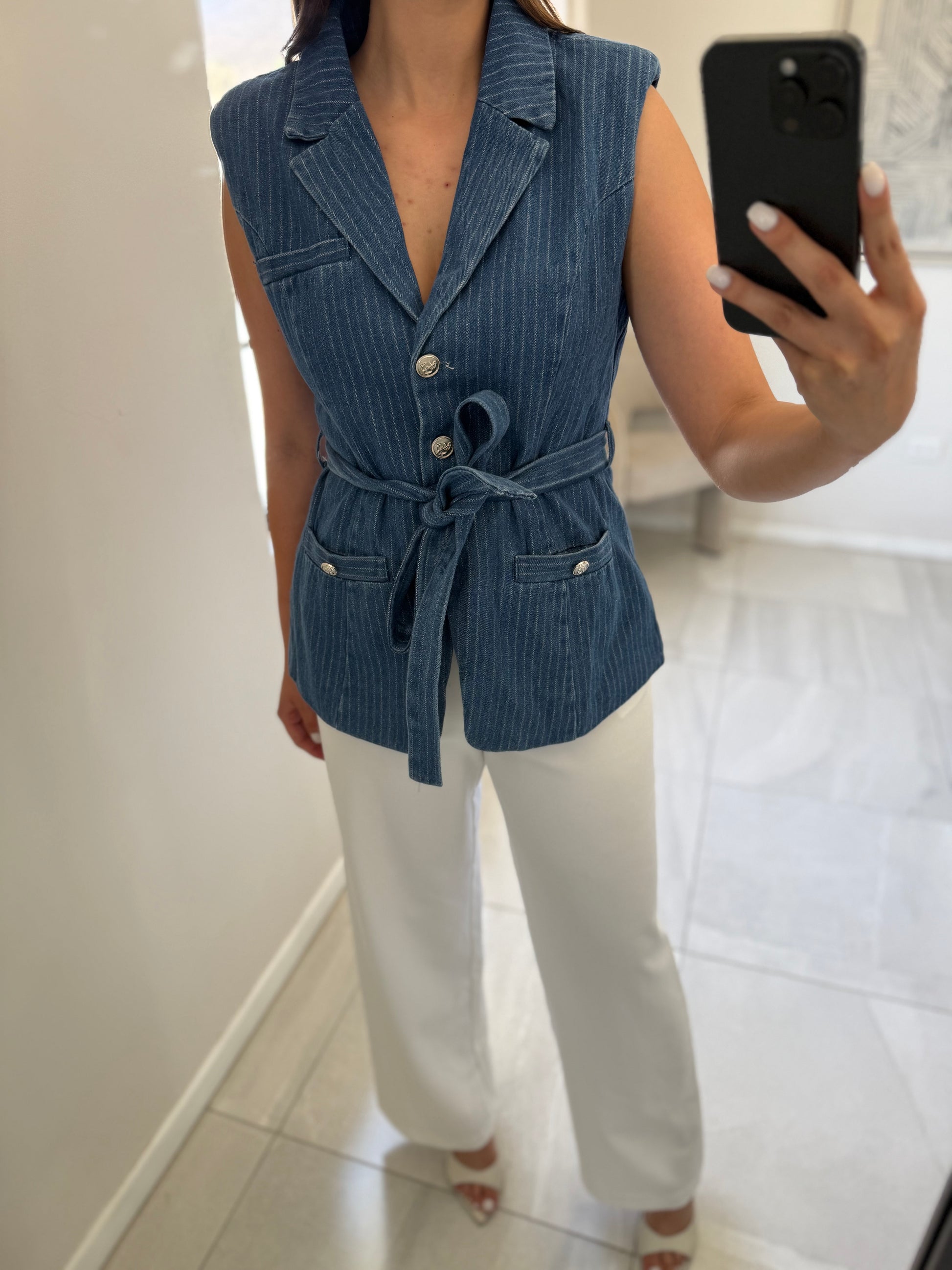 Striped Denim Vest Denim Blue