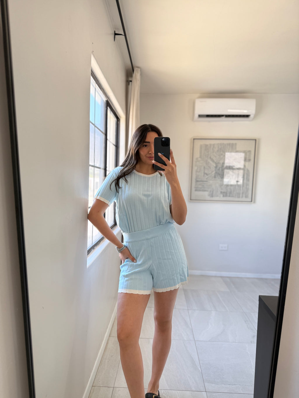 Sweater Short Light Blue /White Set
