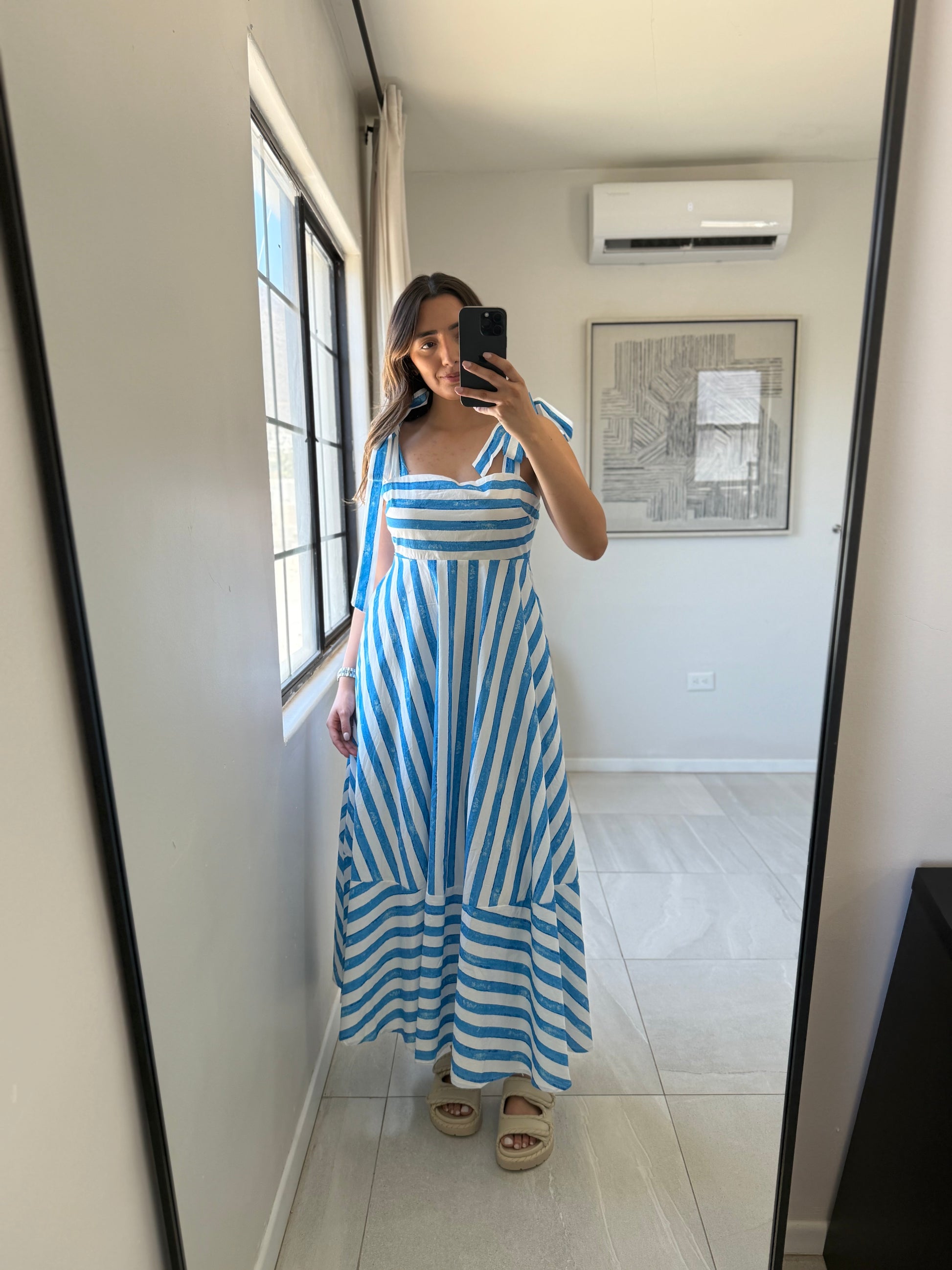 Blue/White Woven Midi Dress