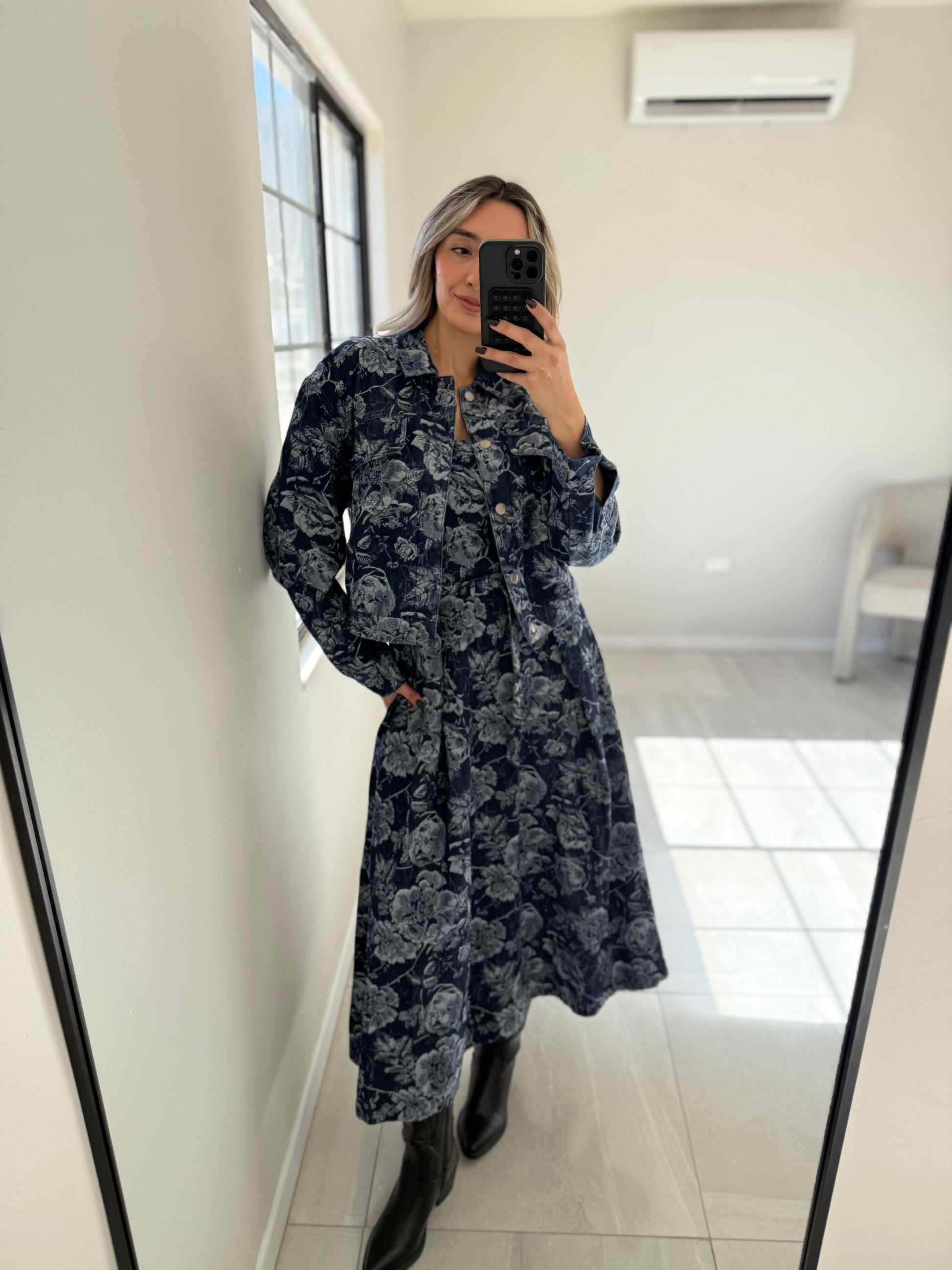 Flowers Denim Midi Dress and Jacket