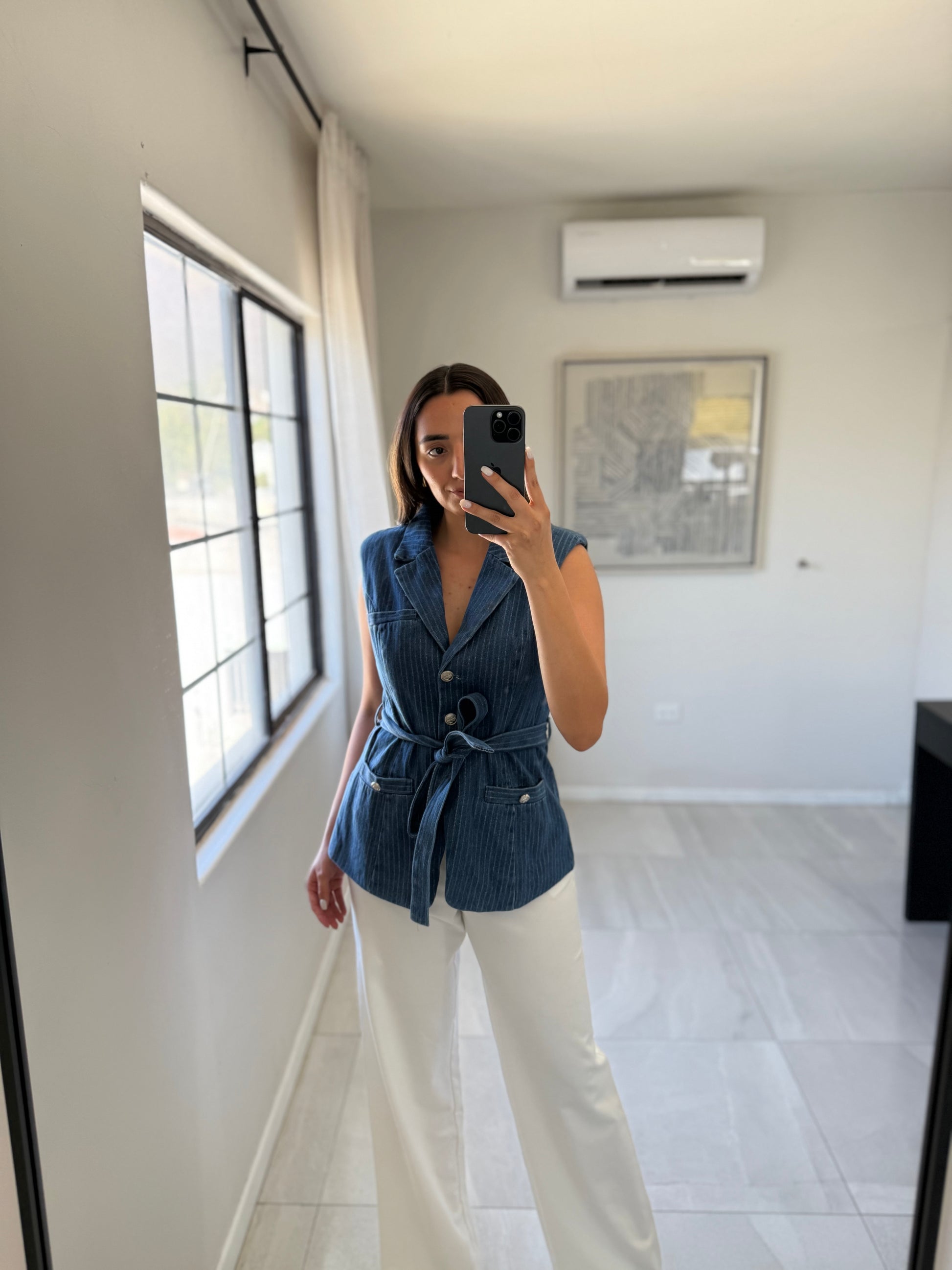 Striped Denim Vest Denim Blue