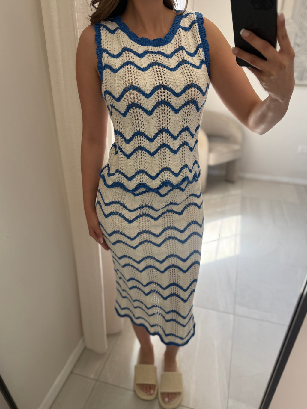 Ivory-Blue Scalloped Knit Set