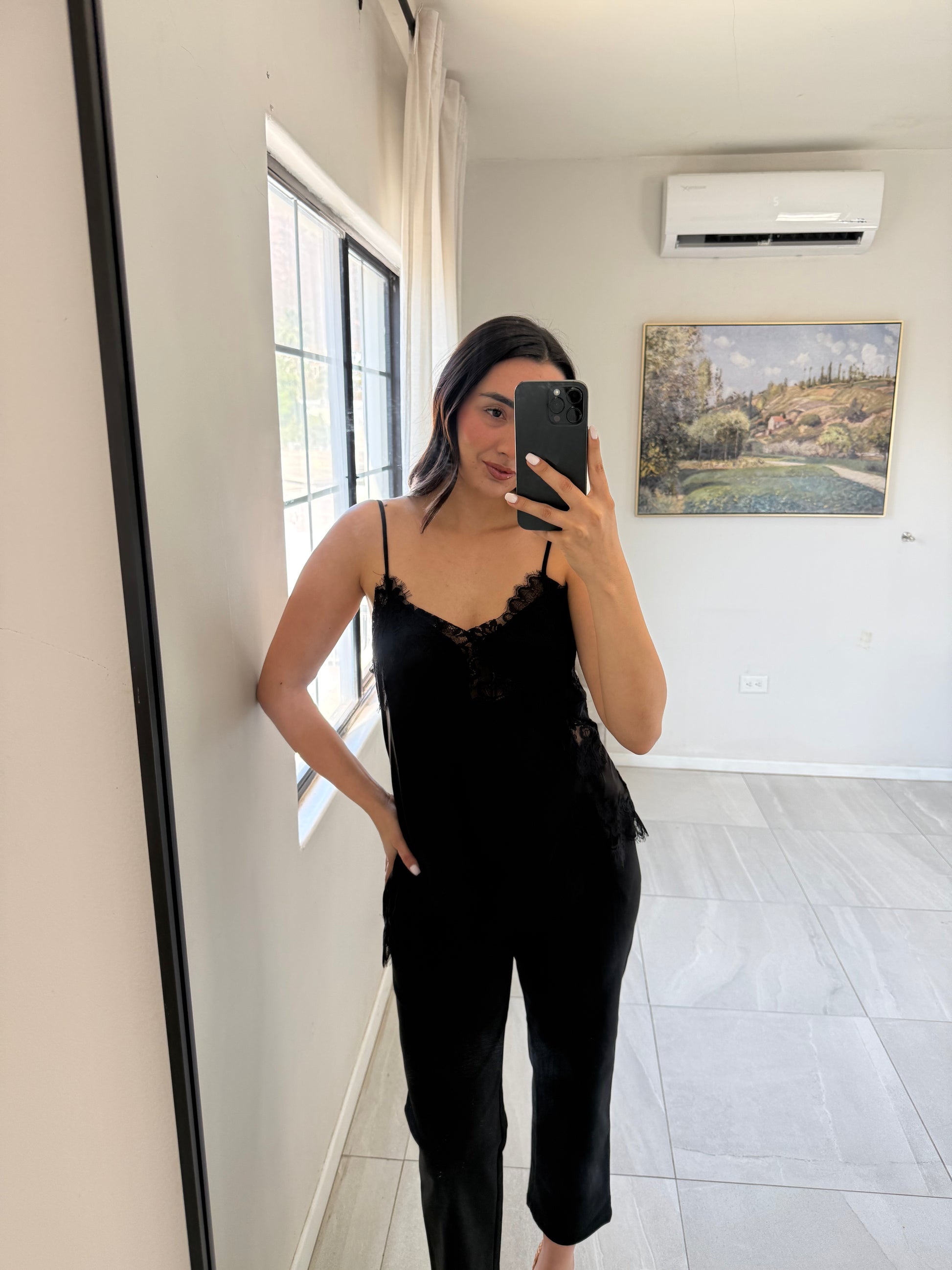 Black Satin Lace Mix Top