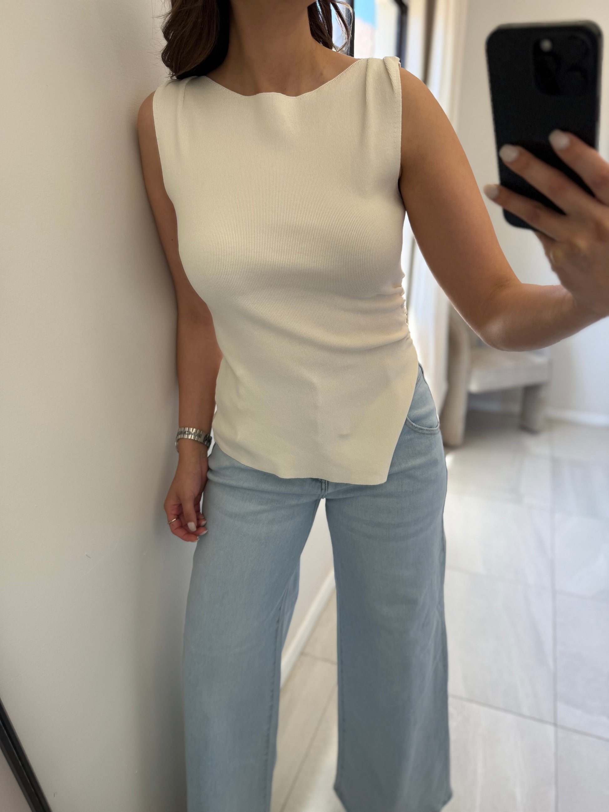 Cream Asymmetrical Knit Top