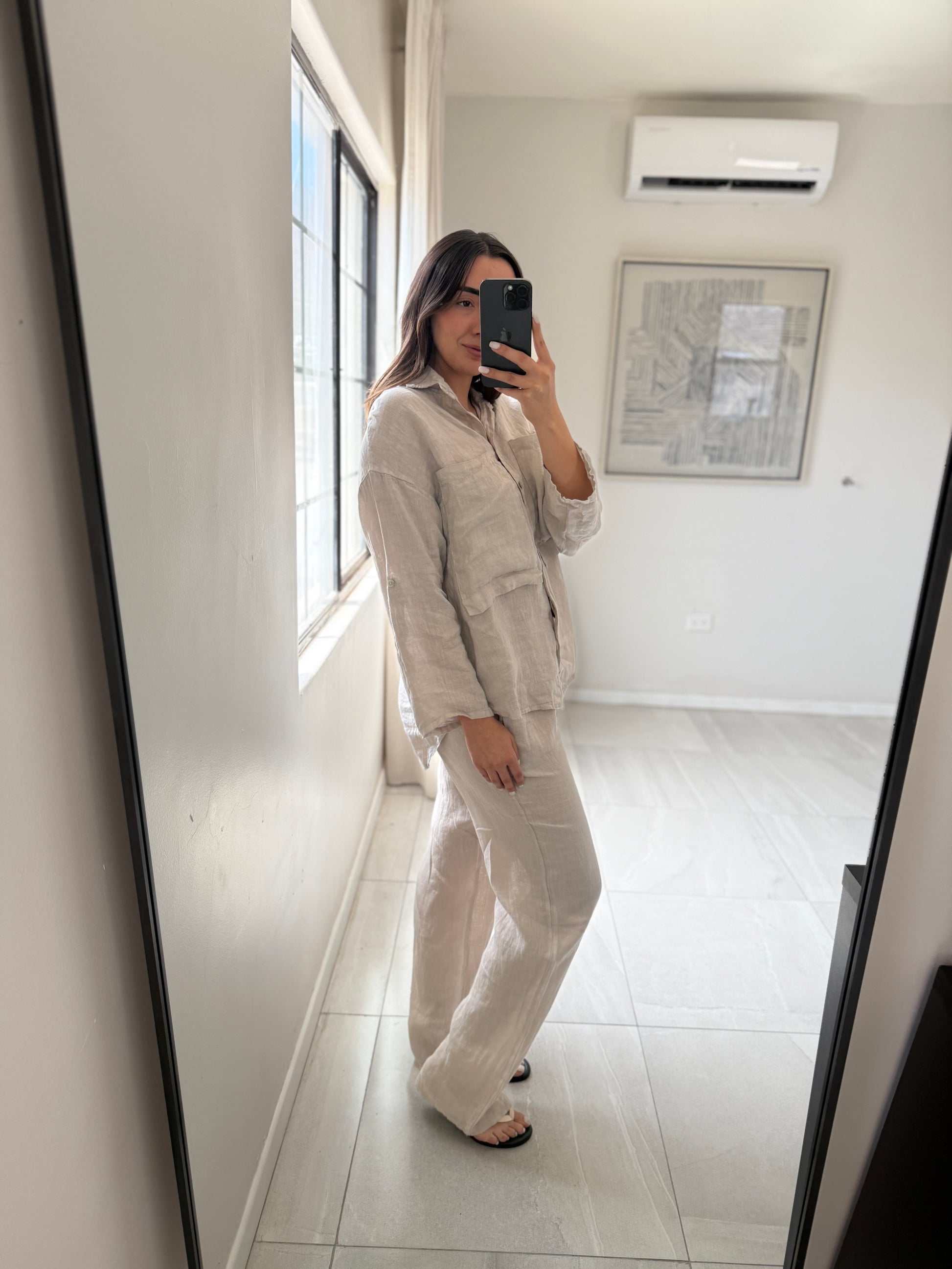 Button Down Sleeve Set Beige