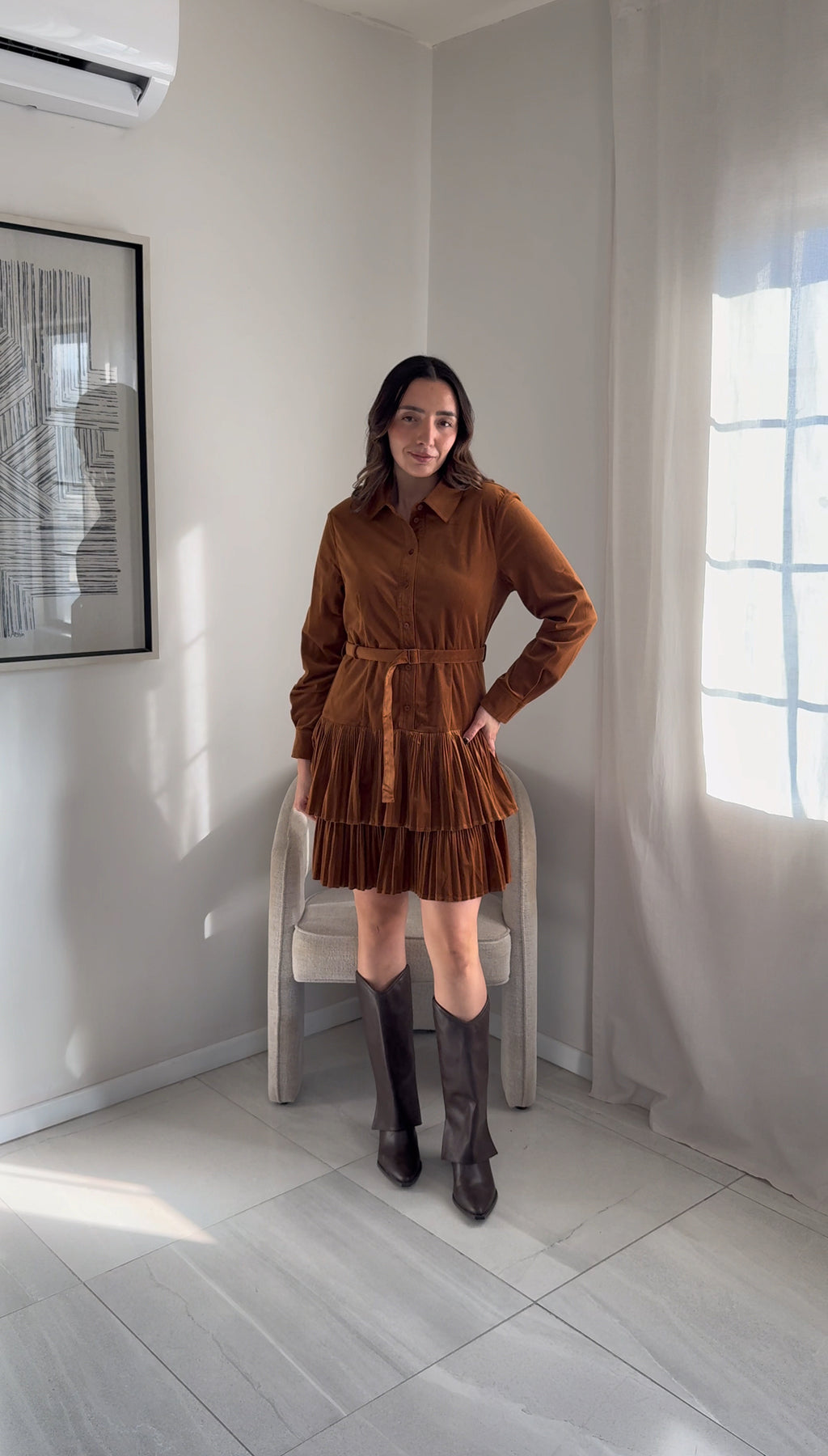 Pleated Suede Brown Dress