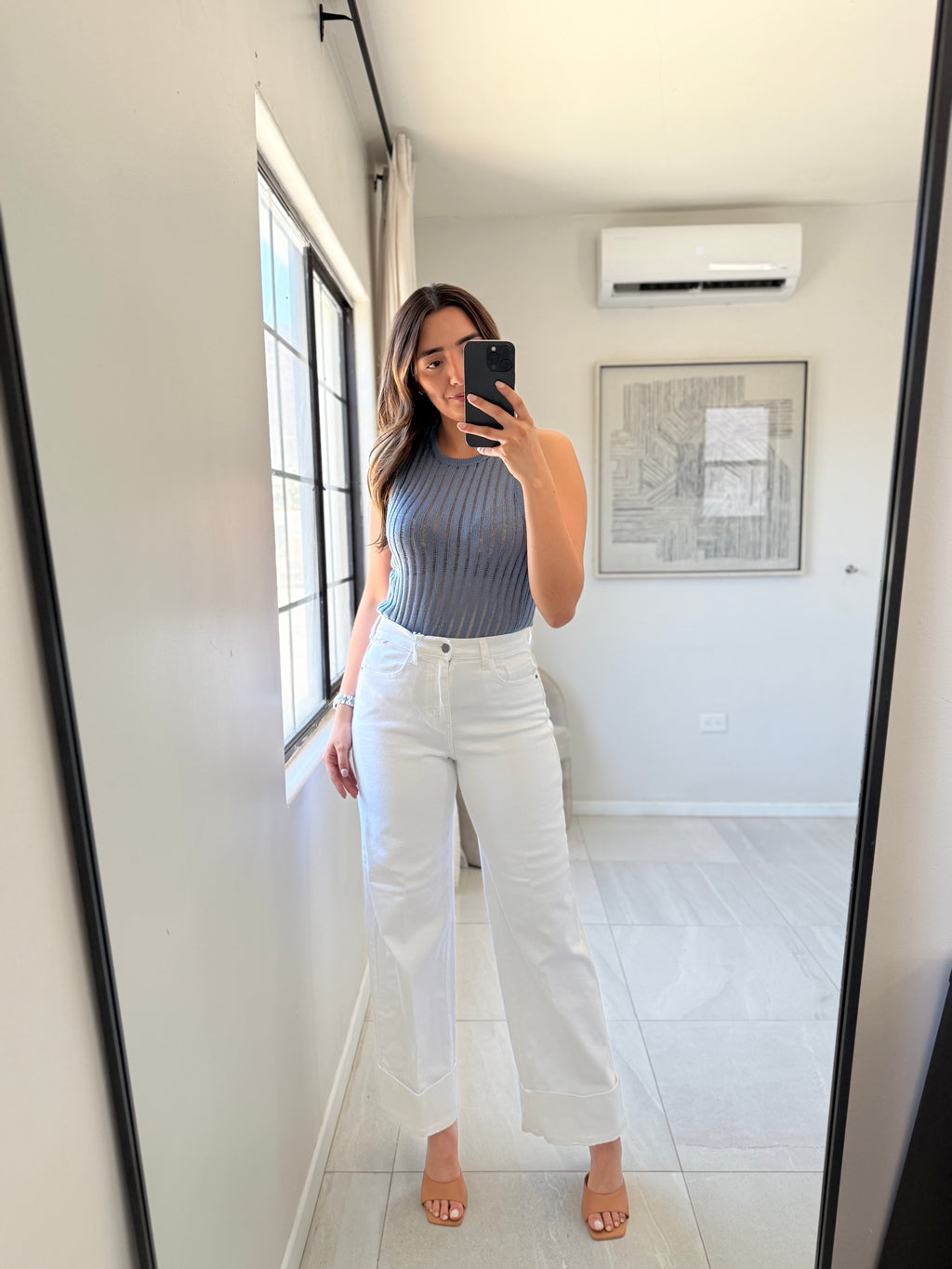White High Rise Wide Leg Cuffed Hem