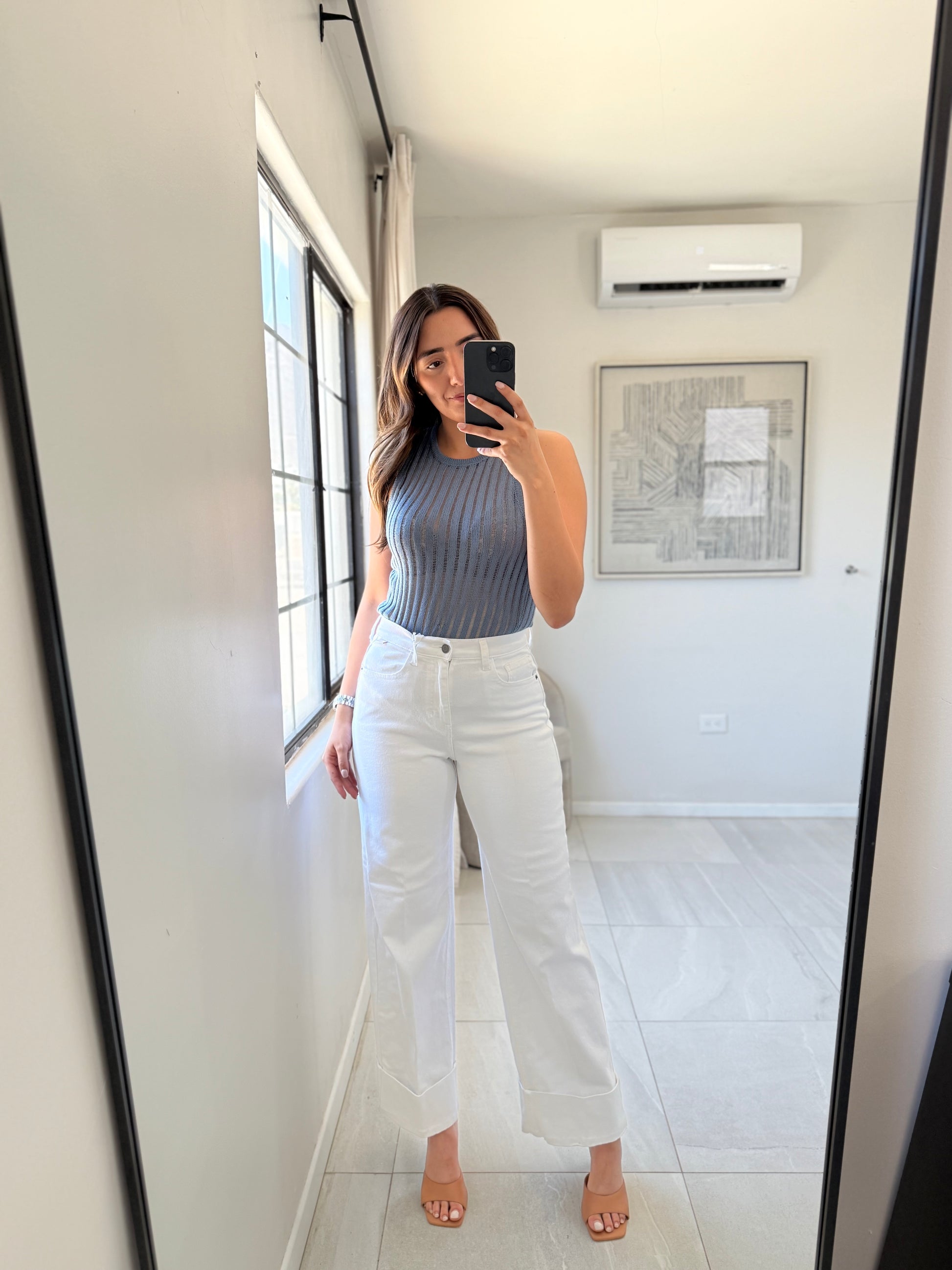 White High Rise Wide Leg Cuffed Hem